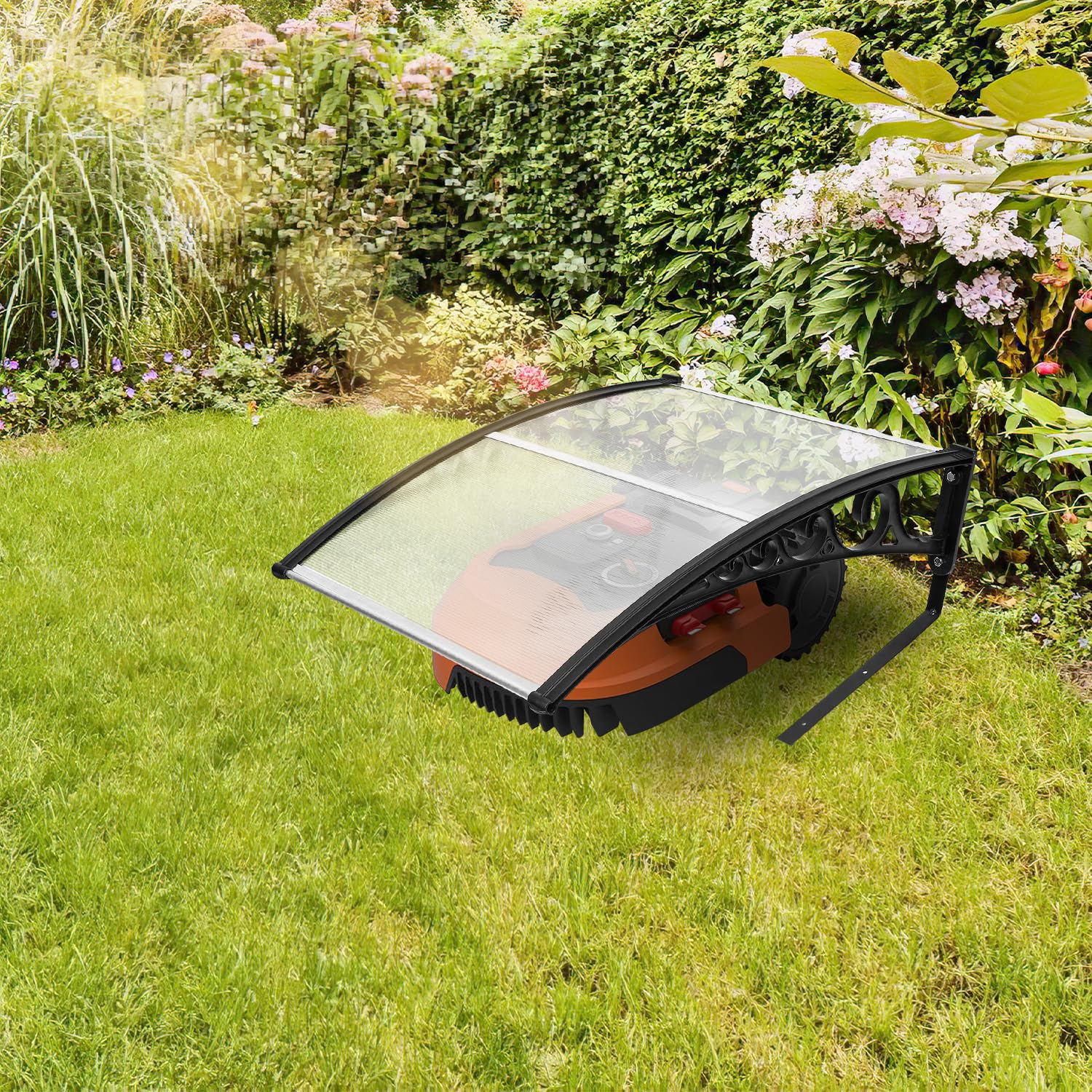 Herrselsam Garage pour robot tondeuse à gazon, 106 x 87 x 50 cm, garage pour robot tondeuse, en polycarbonate, résistant aux intempéries et protection UV, avec pieds en métal (transparent)