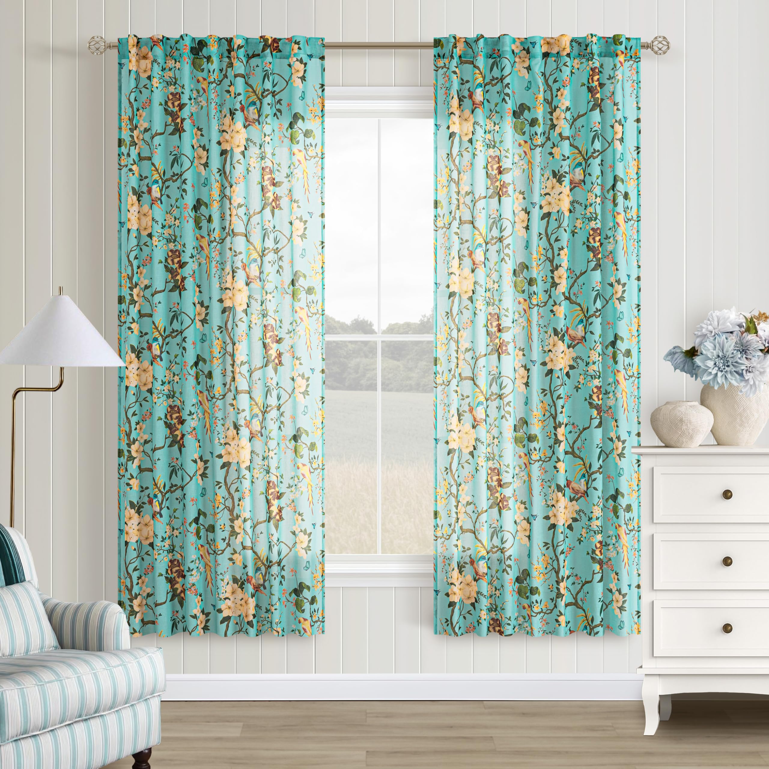 Blue Floral Bird Linen Curtains 2 Panels 72 Inches Long for Living Room | Back Tab,Leaf Flower Patterned，Bohemian，Vintage，Boho,Window Drapes，Light Filtering，Semi Sheer，for Dining Room Bedroom