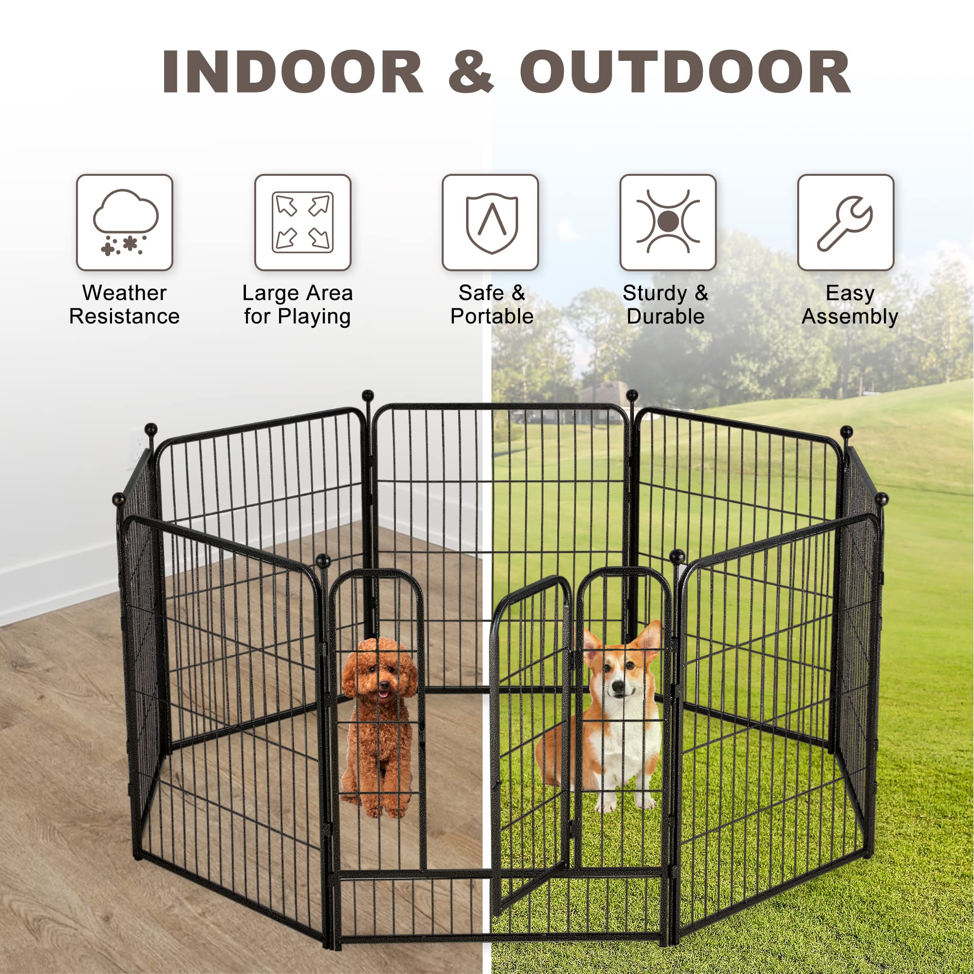 Avocahom Metal Dog Playpen 8 Panel Dog Pen 32Inch Height Exercise Pen w/Door for Small/Medium Dogs Outdoor Indoor RV Yard w/10 Floor Protectors & 4 Straps, Black