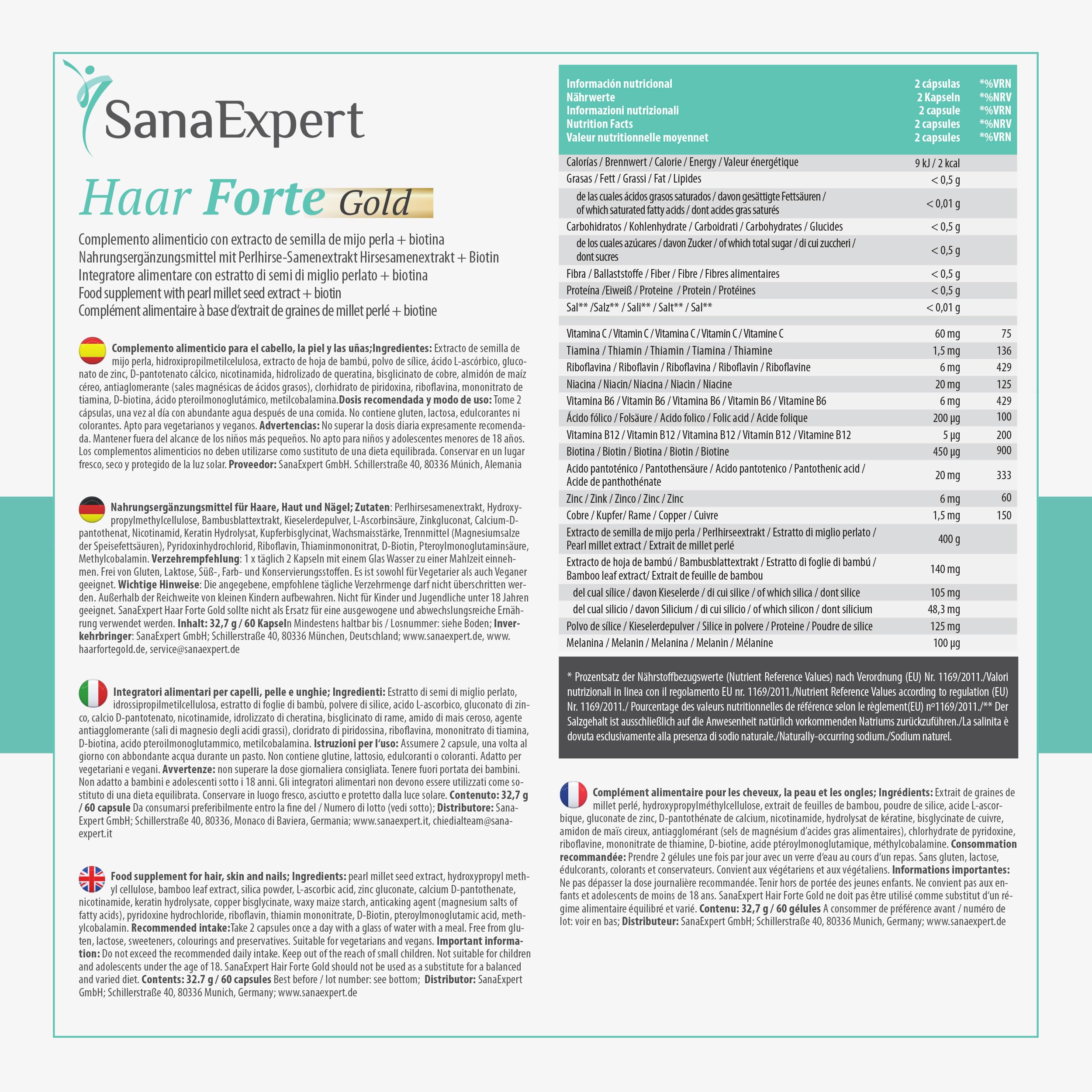 SanaExpert® Haar Forte Gold | Suplemento Capilar Vegano para Fortalecer el Cabello | Pastillas con Vitaminas, Bambú, Melanina, Biotina y Zinc | 60 Cápsulas | Fabricado en Alemania (Paquete de 2)
