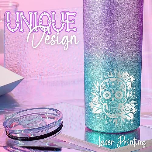 Miniatura 4 de Onebttl Regalos de calavera de azúcar para mujer, Día de los Muertos, vaso de viaje delgado de 20 onzas con tapa, cepillo y pajilla, regalos