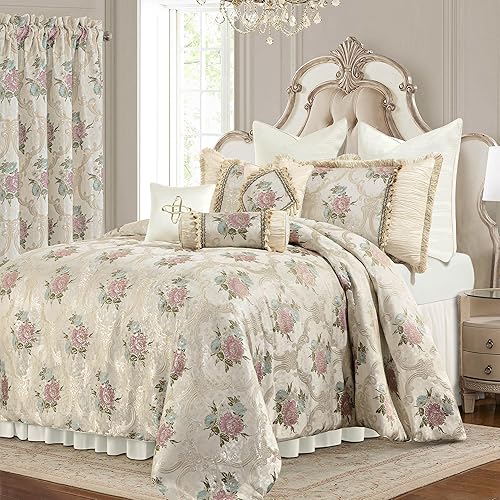 Loom and Mill Juego de edredón floral europeo de lujo de 9 piezas, juego de ropa de cama romántico de estilo francés jacquard tamaño King con fundas