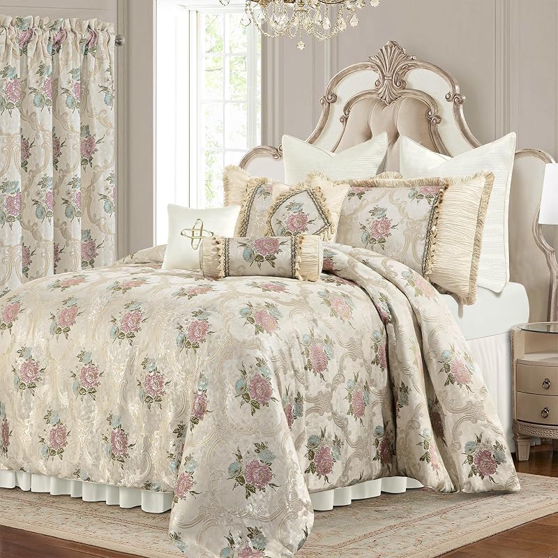 Loom and Mill 9-Piece European Floral Comforter Sets, Pearly Beige, Queen
