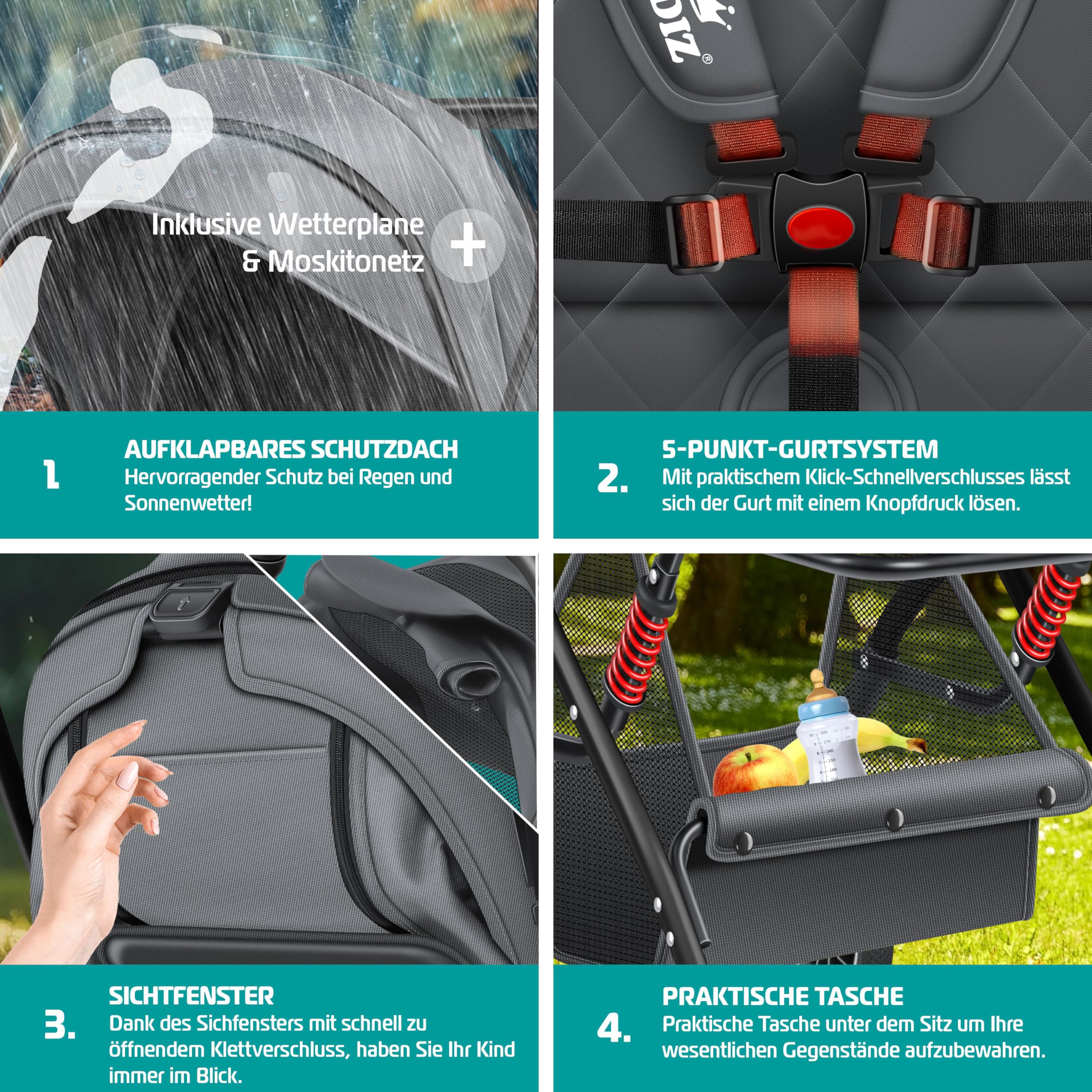 Poussette Premium KIDIZ Pliable 360° – Harnais 5 Points, Roues Tout-Terrain, Porte-Boisson + Housse Pluie – Rouge
