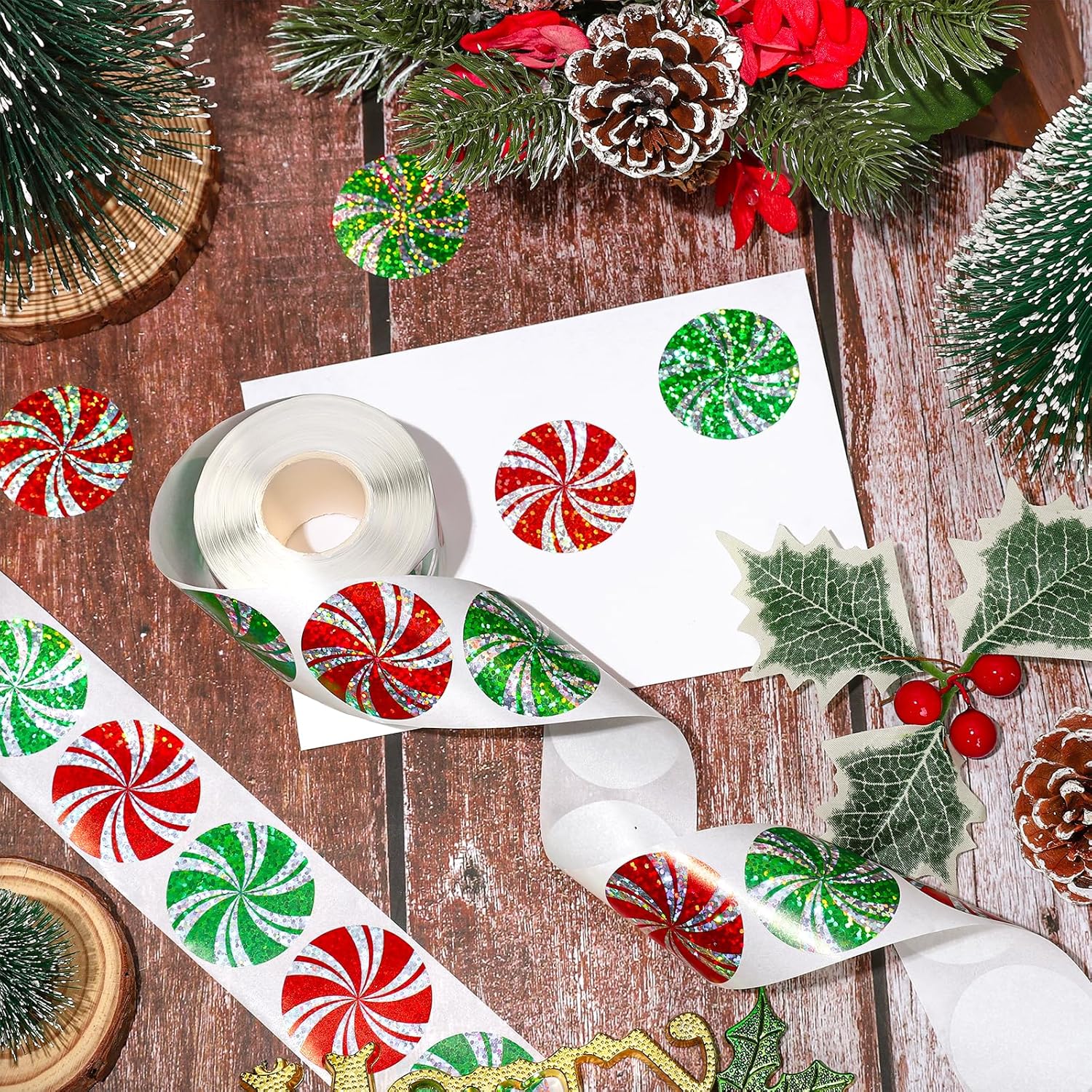 Whaline Christmas Candy Stickers Roll Peppermint Laser Seal Stickers Xmas Red Green Waterproof Self-Adhesive Decals for Envelope Journal Decor Party Supplies, 500Pcs - Image 3