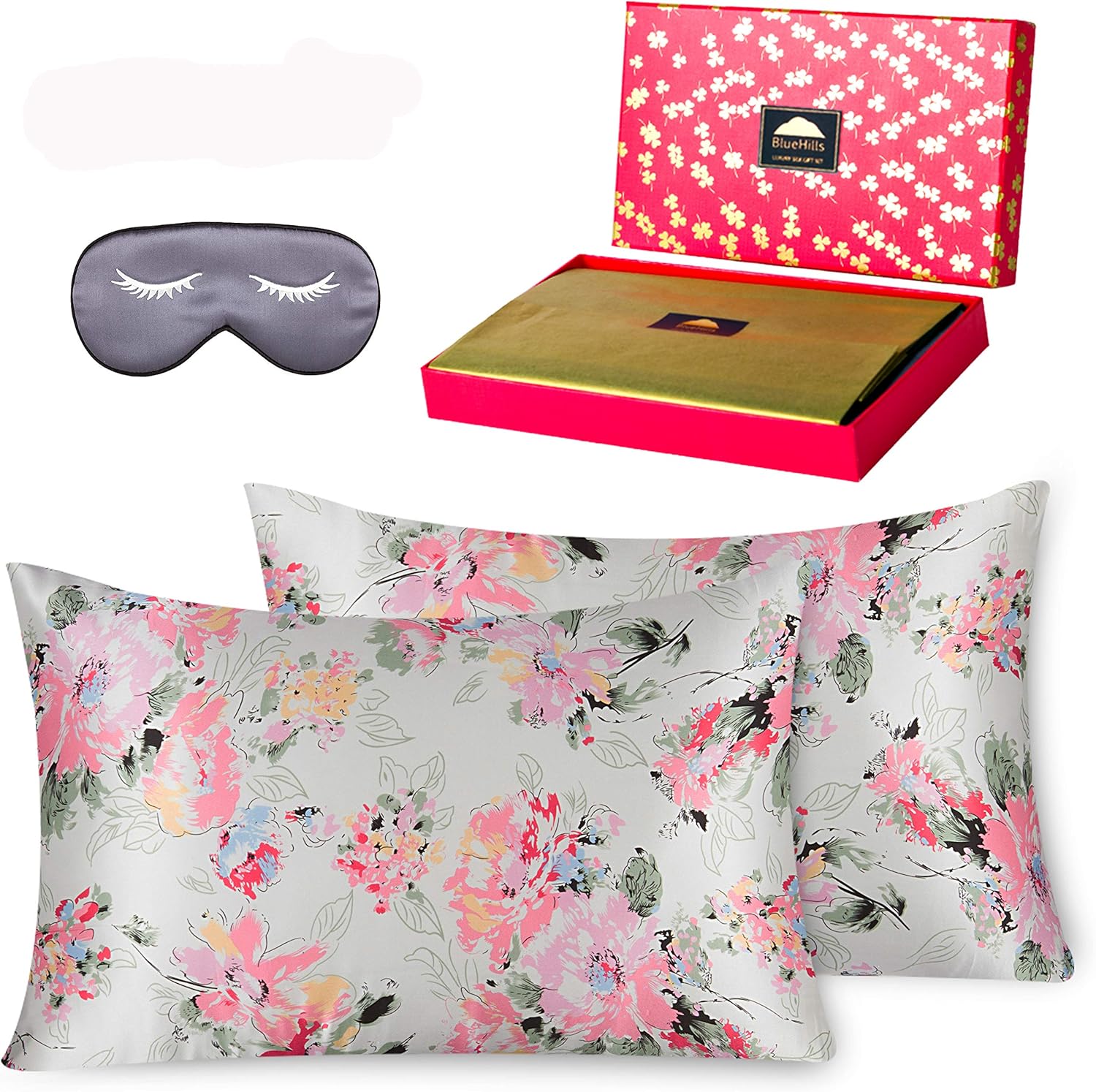 BlueHills 3 Piece Luxury Gift 100% Pure Mulberry Natural Soft Both Sides Silk Pillowcase 2 Pack Hair and Skin Hidden Zipper & 1 Pure Silk Eye Mask in Gift Box Design Pattern Standard Size, SD002