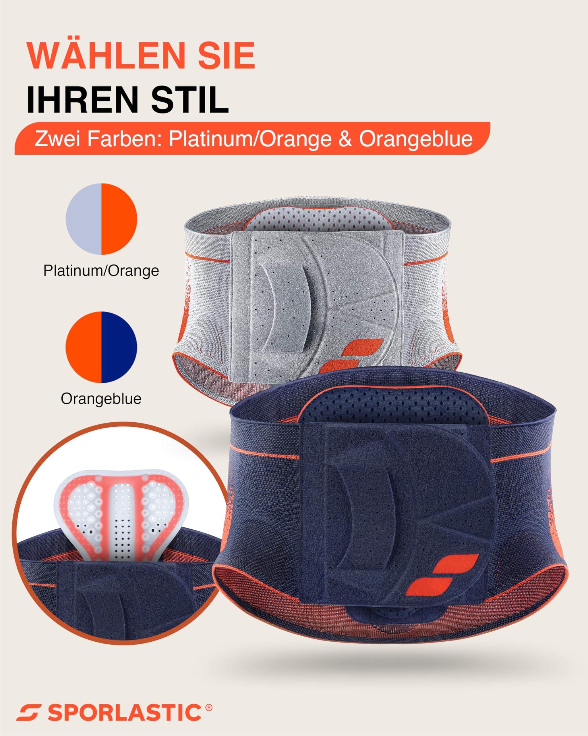 SPORLASTIC – VERTEBRADYN SUPREME SENSO Lendenwirbelstütze gerade – Orthopäd. Rückenbandage mit AIR-MATRIX Silikonpelotte zur Unterstützung der Lendenwirbel – LWS-Orthese – Orangeblue Größe S