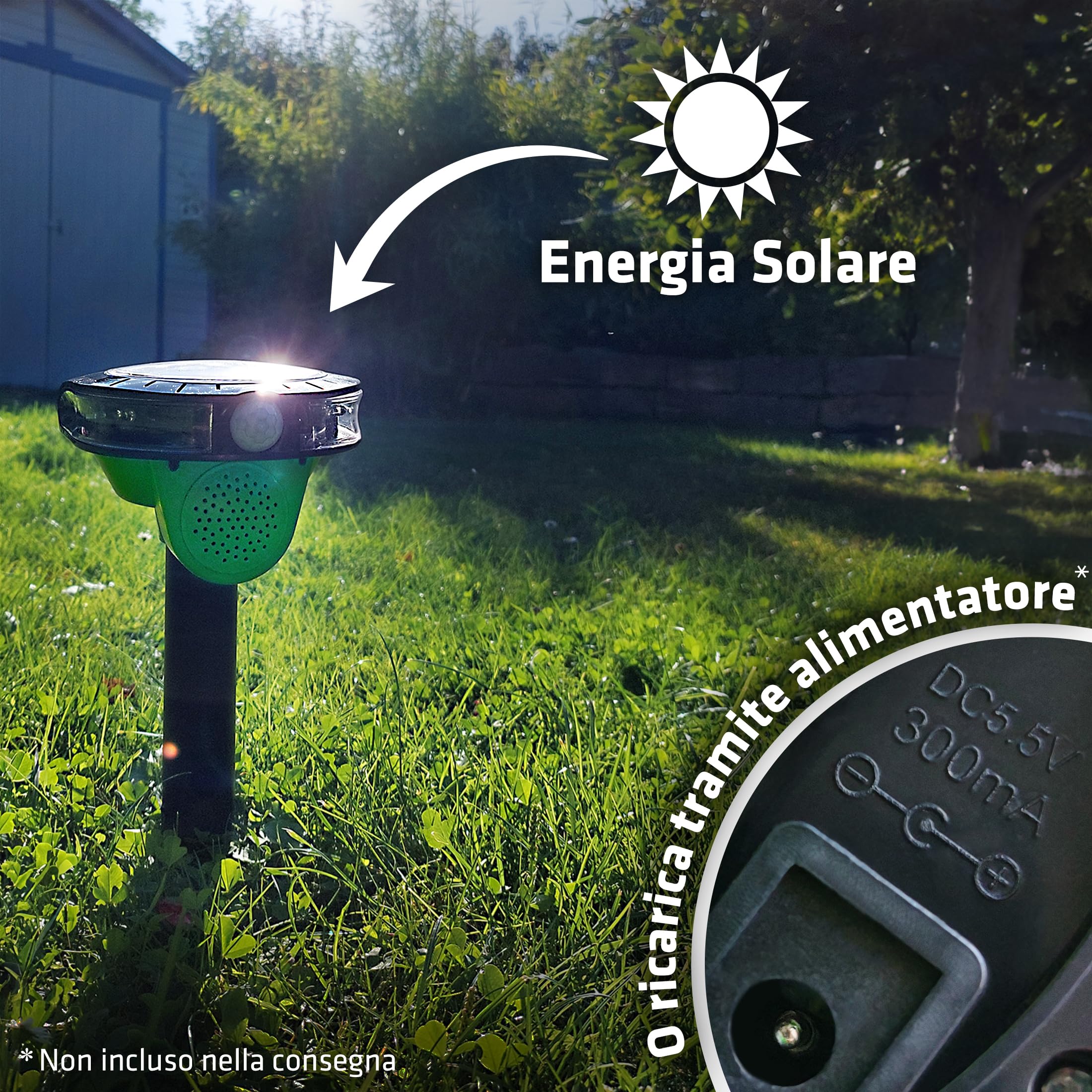 Gardigo® Repellente per Uccelli: Spaventapasseri a Energia Solare | Repellente per Piccioni, fino 60m² | Rilevatore Movimento | 3 Suoni, Luce LED | Resistente alle Intemperie | Scaccia Uccelli, Corvi