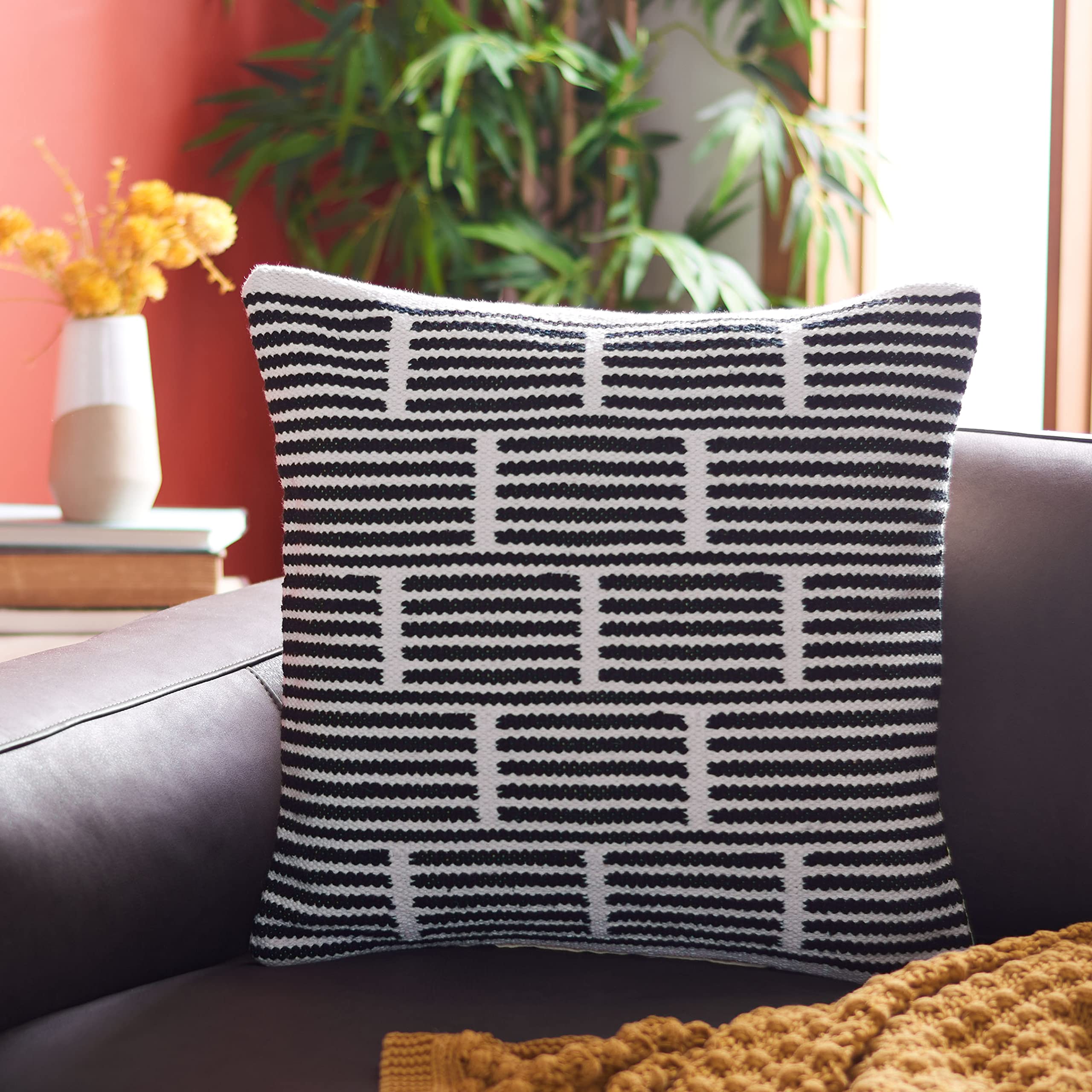 SAFAVIEH Home Collection Kaiba Beige/Black Stripe 20-inch Square Decorative Accent Throw Pillow (Insert Included) PLS4006A-2020