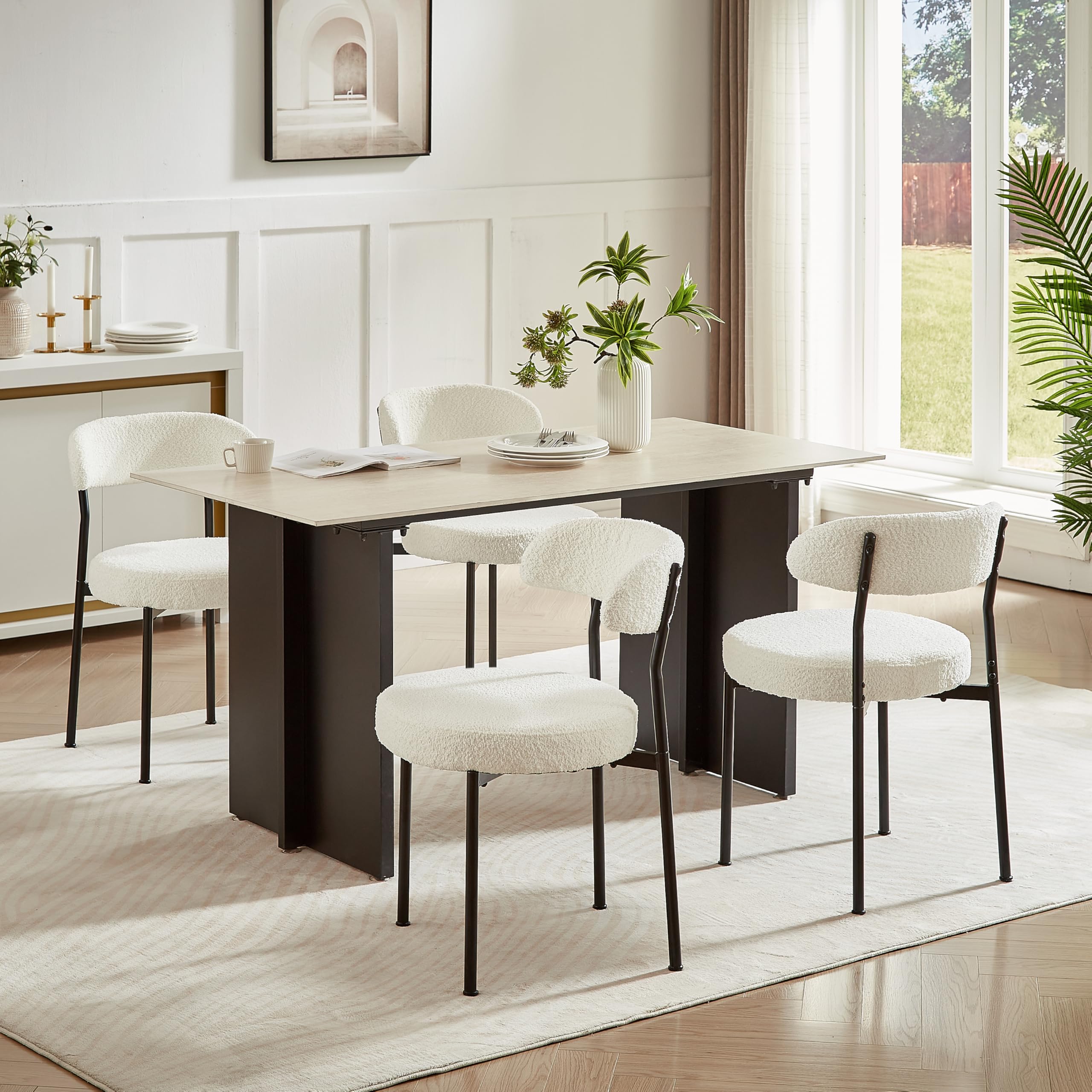 SoarFlash Dining Chairs, Beige Boucle Dining Chairs Set of 4, Kitchen Dining Room Chairs Curved Backrest Upholstered Mid Century Modern Chairs with