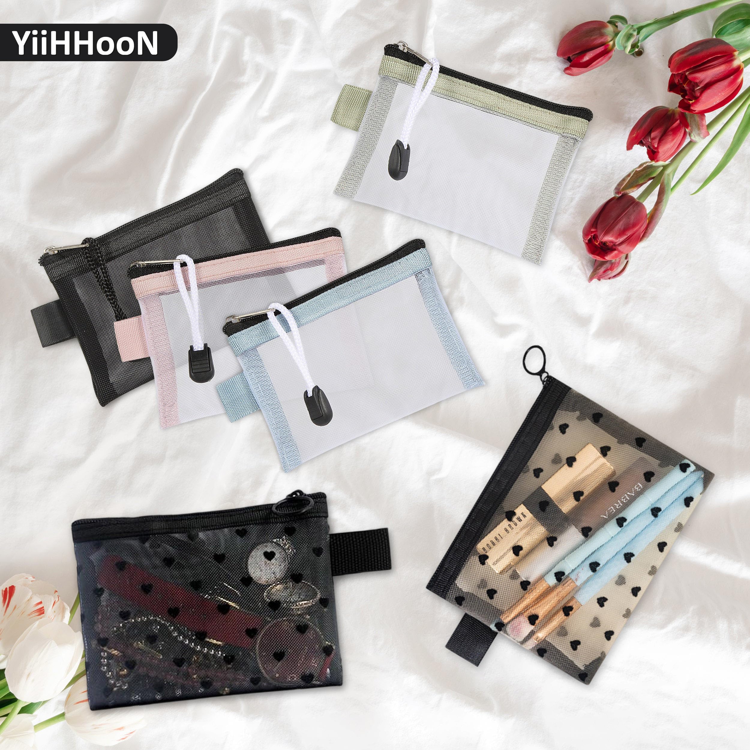 Mini Sacchetti a Rete con Cerniera, 12 Pezzi Mini Borse a Rete con Cerniera in Nylon, Mini Tasche a Rete con Chiusura Lampo per Make up e Organizer da Viaggio per Donna