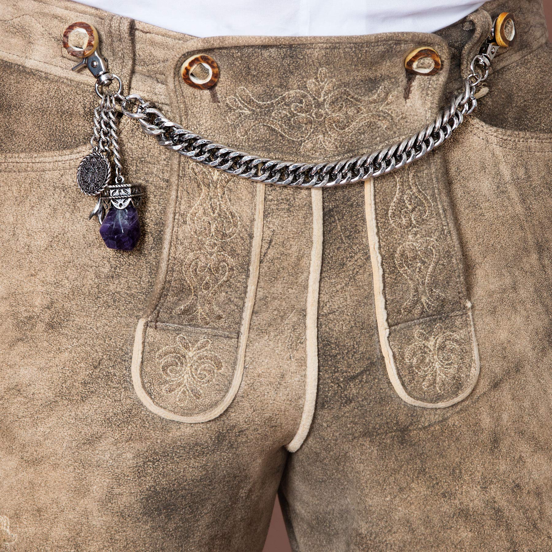 Alpenflüstern Trachten-Charivari Moritz - Hochwertiger Herren-Trachtenschmuck mit Trophäen-Anhängern für die Lederhose, echtes Hirschhorn, (antik-silber-farben) HCH036