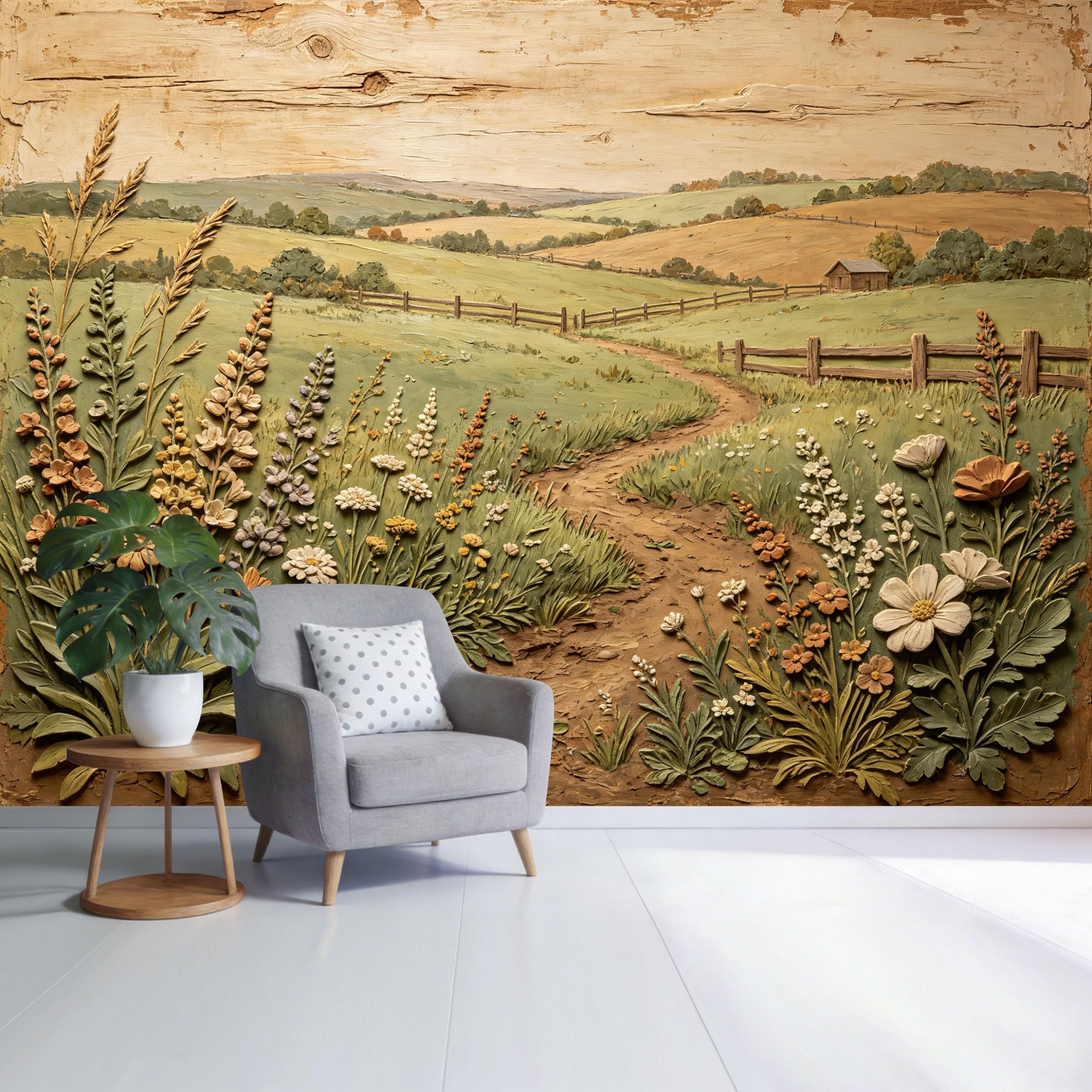 Custom Size Wall Mural Countryside Landscape Wildflower Path Rustic Farmhouse Textured Oil Painting Style SelfAdhesive Wall Fabric Removable Wallpaper for Home Office Decor
