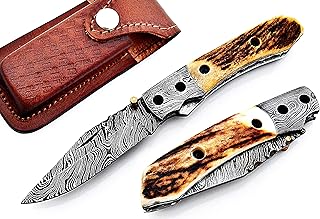 FB LEATHER CRAFTS Handmade Damascus Steel Pocket Folding Knife/Pocket Knife FBK-18792 Natural Stag Antler (Natural Stag Antler)