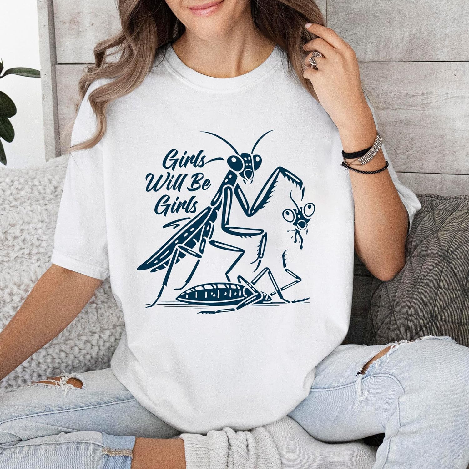 Girls Will Be Girls Shirt - Praying Mantis Tshirts - Feminist Praying Mantis Graphic Shirts - Gifts for Women - Image 4