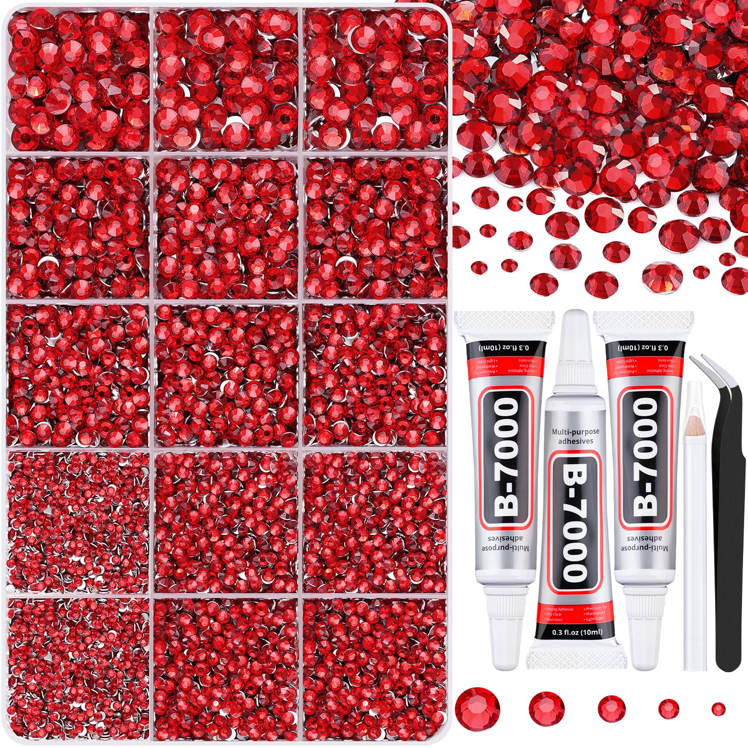 16000Pcs Resin Red Rhinestones for Crafting, Non Hotfix Flatback Gems, Bedazzling Crystal with 3Pcs 10ml B7000 Jewelry Glue for DIY Crafts Clothing Tumblers Shoes Fabric Nail Art