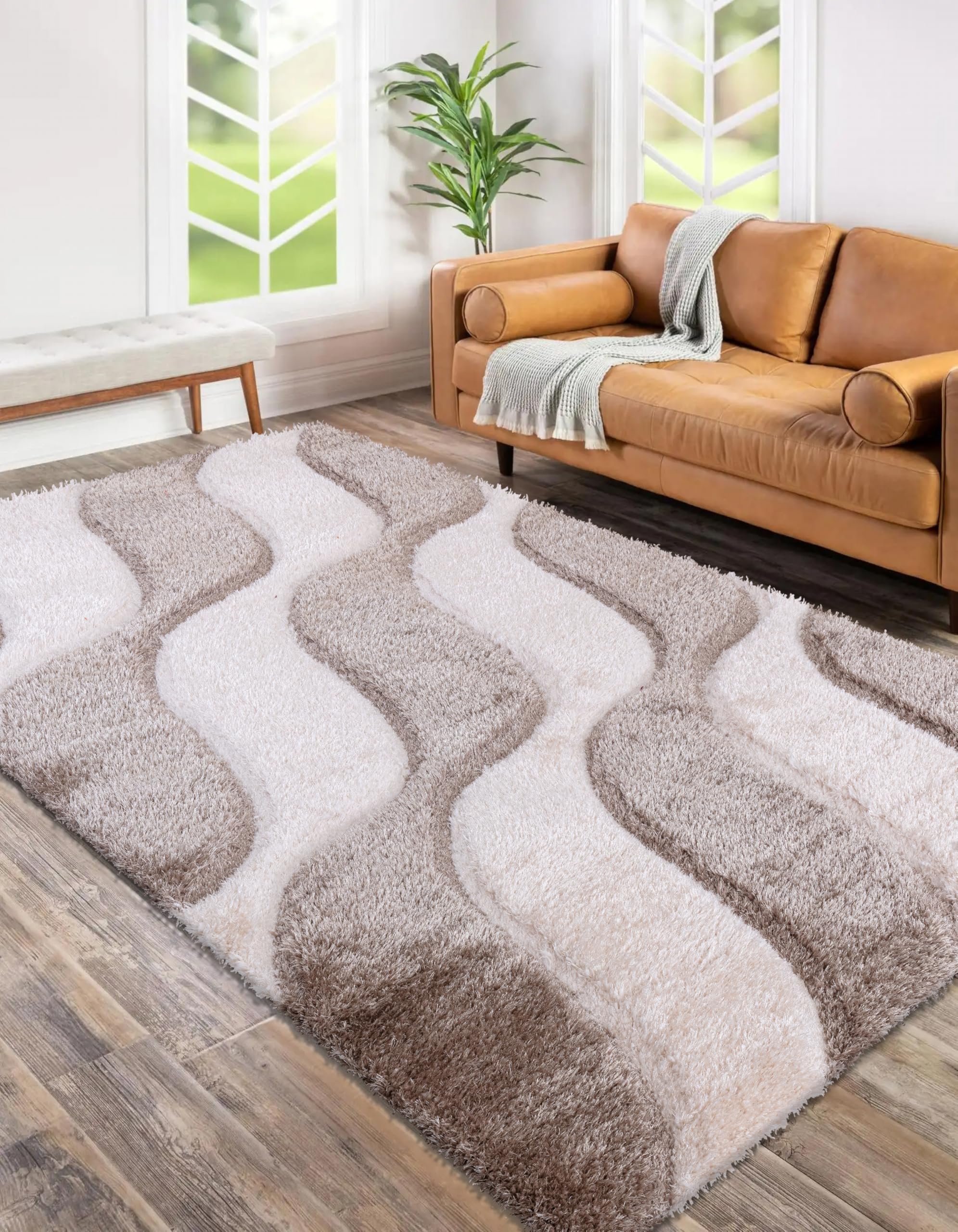 Modern Wave Pattern Rug Geometric Swirl Carpet High Pile, Soft 3D Shaggy Area Rug for Living Room, Bedroom & Lounge Non-Shedding Easy Care (Brown, 160 cm × 230 cm = 5.25 ft × 7.55 ft)