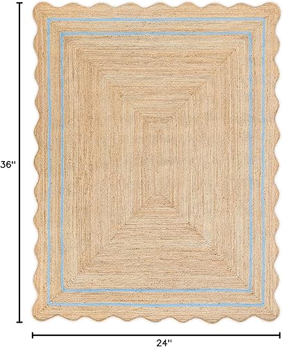 Miniatura 2 de Alfombra ondulada de yute natural festoneada, alfombra de yute bohemio para entrada, alfombra de pasillo de granja, alfombra de vieira color azul