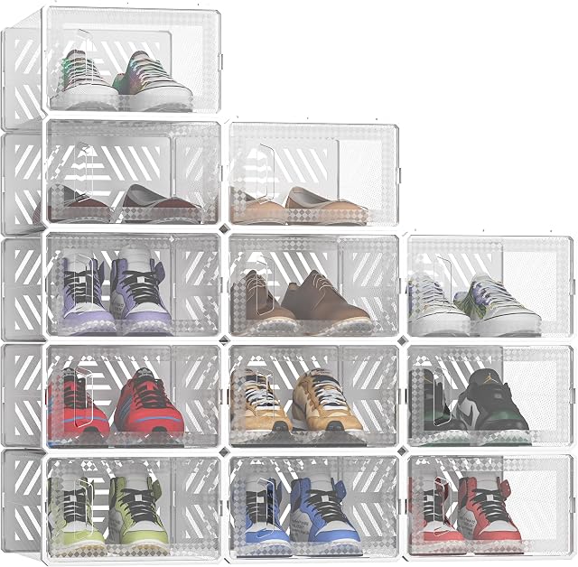 JOISCOPE Shoe Box, 12 pcs Clear Stackable Shoe Storage Boxes Hard Plastic Shoe Organizer Foldable, Breathable, and Versatile Containers Bins for Women/Men, Fit up to UK Size 8, White Door Frame