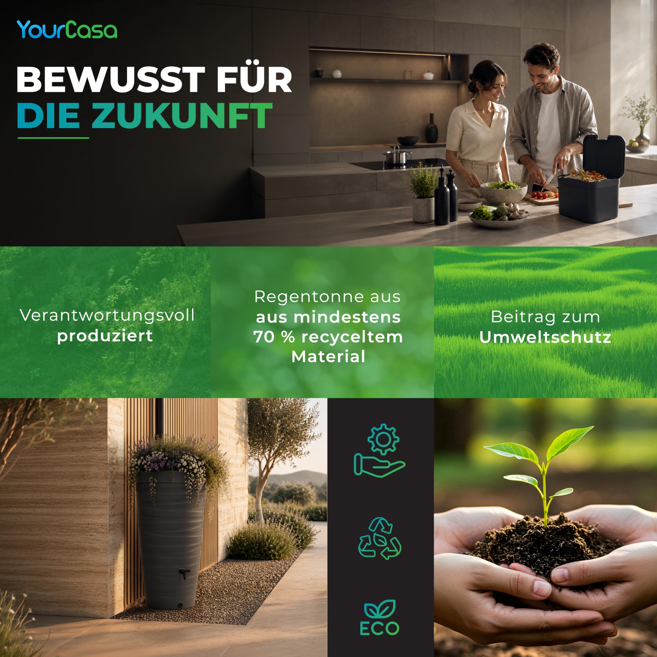 YourCasa Regentonne 240 Liter [Wave Design] Regenfass Frostsicher aus Kunststoff - Regenwassertonne mit Wasserhahn - Regenwassertank Garten Regenwassersammler Wasserfass Regentonne schmal (Grau)