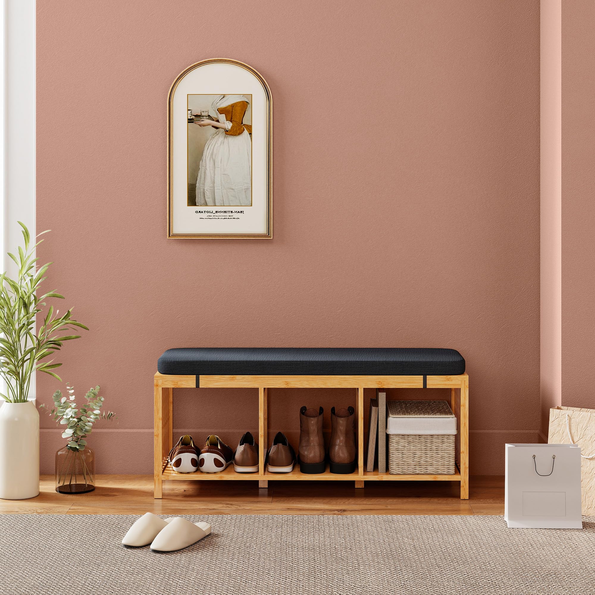 HOMCOM Schuhbank mit Sitzfläche mit Stauraum 102 x 33 x 45 cm Naturholz | Schuhregal, Sitzbank aus Bambus mit Offener Ablage, Leinenoptik, für Flur und Eingangsbereich