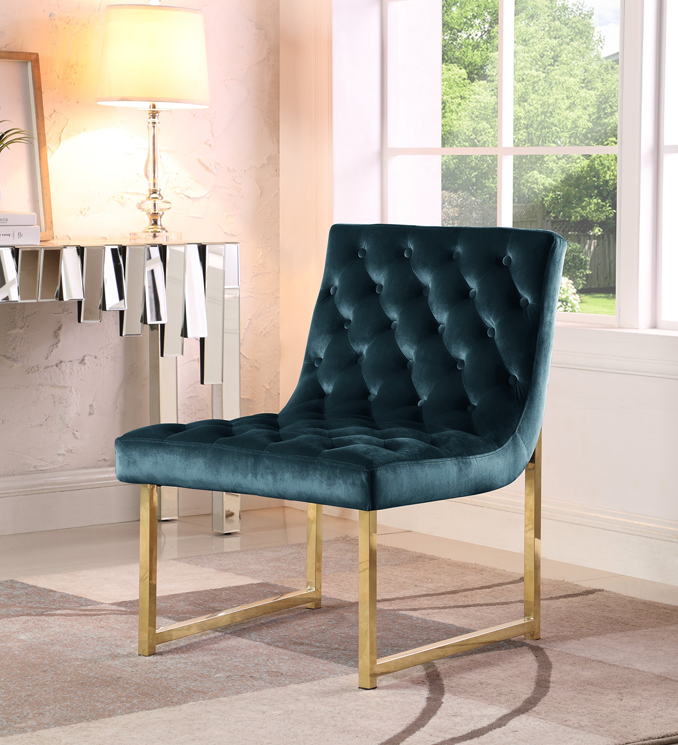 Chic Home Iconic Moriah Accent Chair Sleek Elegant Tufted Velvet Upholstery Plush Cushion Brass Finished Polished Metal Frame, Contemporary Modern, Green