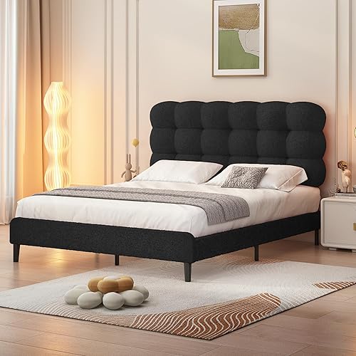 Miniatura 8 de Base de cama individual BarnFurin, cama plataforma con cabecero tapizado, base de cama de tela de bouclé suave con soporte de listones de madera,