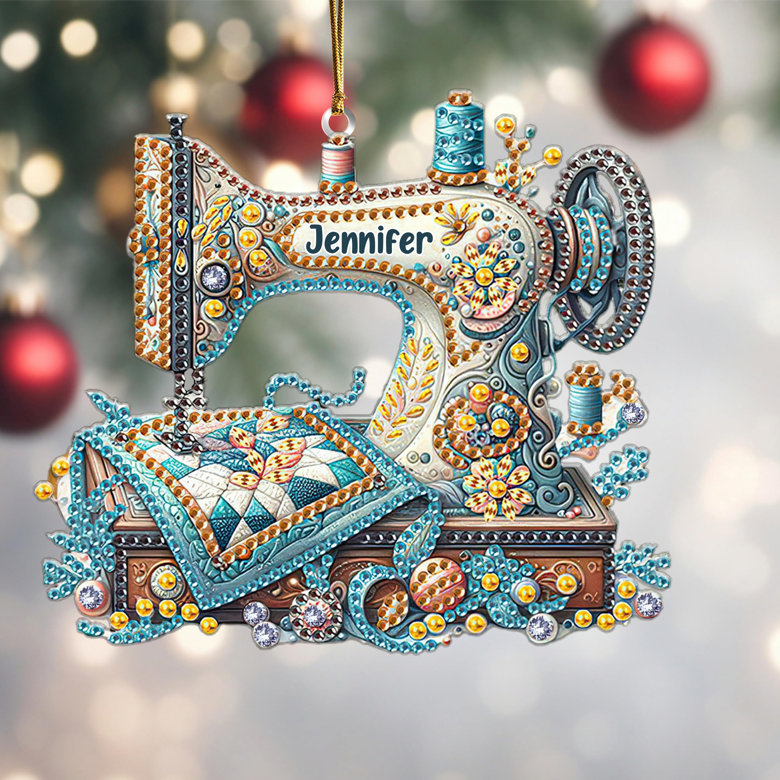 Nazenti Personalized Sewing Machine Christmas Ornaments, Sewing Ornament Custom Name, 2D Flat Shape Ornament, Sewing Ornament for Christmas Tree, Birthday Xmas Gift for Quilter, Sewer, Sewing Lover 07