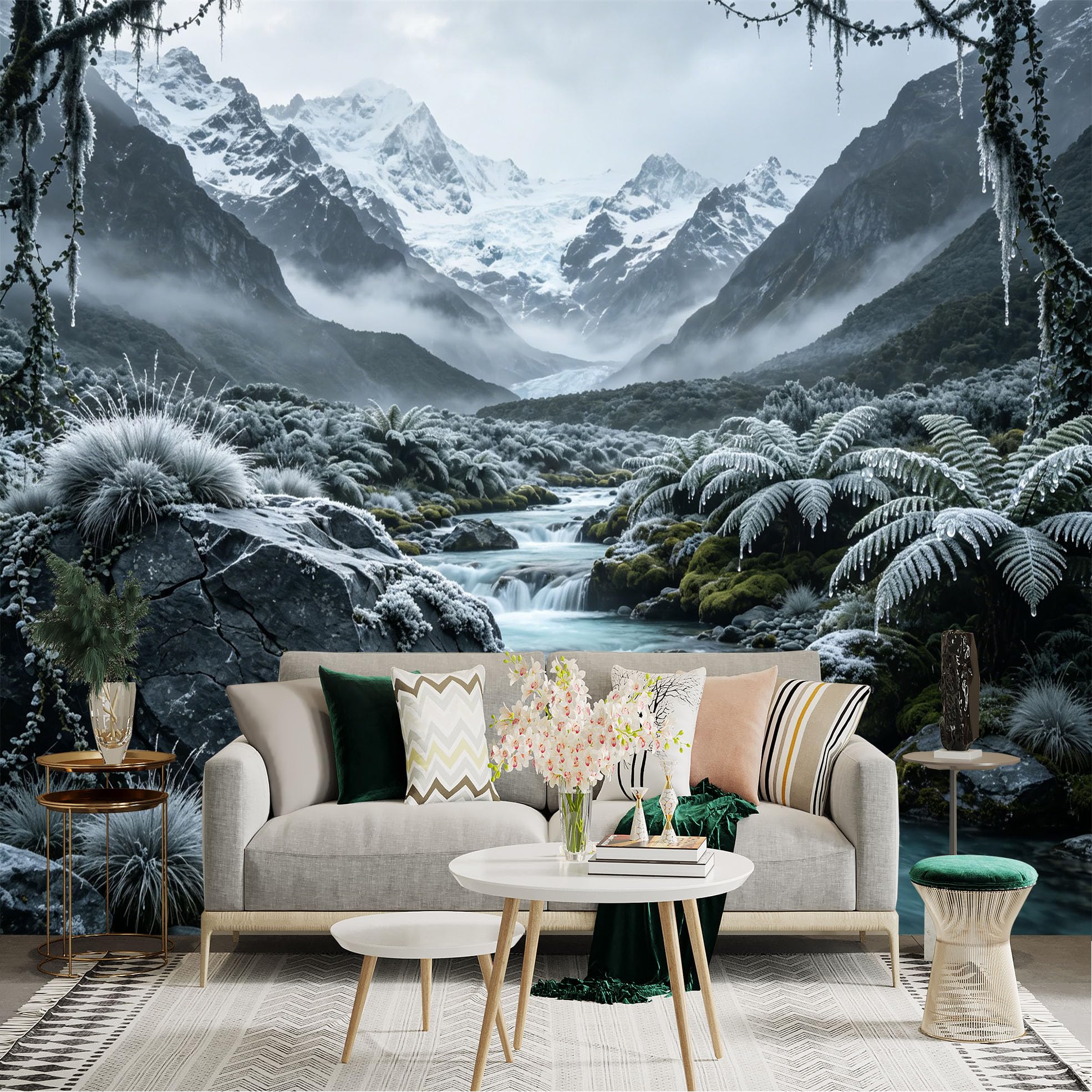 Custom Size Wall Sticker Mural， Frosted Mountain Landscape with River and Ferns， for wall Decoration， peelandstick wall Decals.