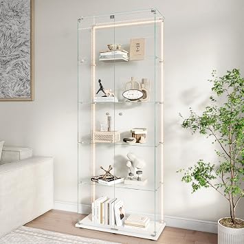 Glass Display Cabinet with LED Light Strip Standing Glass Display Cabinet with 5 Layers and 2 Glass Doors Glass Cabinet Modern Glass Display Cabinet for Collectibles Books Wines and