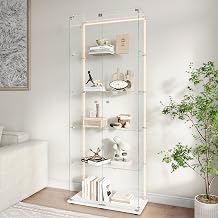 BestAlice Glass Display Cabinet with LED Lights-5-Tier Double Door Curio with Lock,FramelessTall Showcase Display Shelf,Glass Display Cabinet and living Room Storage,White Black, LED