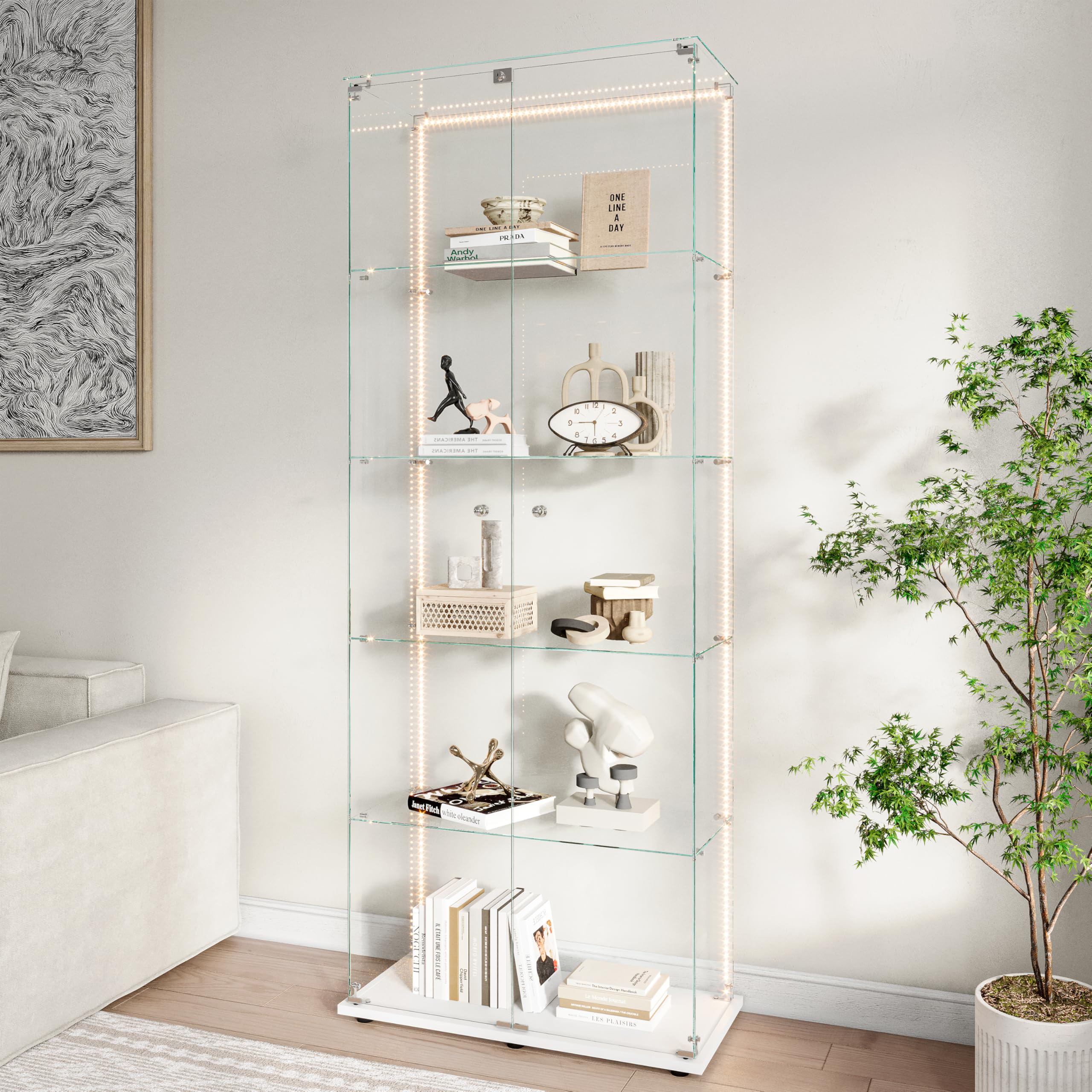 Vitrina de cristal con iluminación LED, vitrina de pie con 5 estantes de vidrio y 2 puertas de vidrio con cerradura, vitrina para salón, oficina, artículos de colección, libros, vino, color