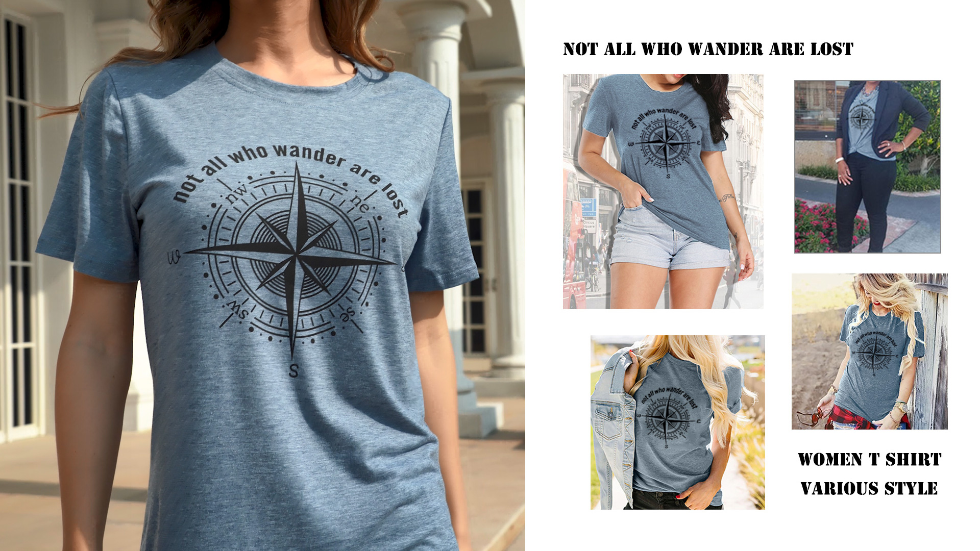 Women's Compass Graphic T-Shirt - Soft Short Sleeve Tee For Hiking, Camping & Casual Wear (Grey) - View #9