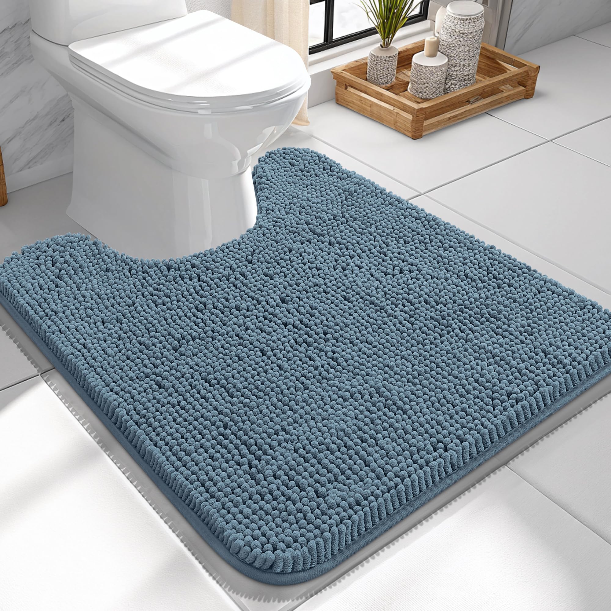 OLANLY Toilet Rugs U-Shaped 24x24, Soft Absorbent Chenille Contour Rugs | Airy Blue, Quick-Drying Rubber Backing, Machine Washable Non-Slip Shaggy Bathroom Mat for Toilet, Home Decor Accessories