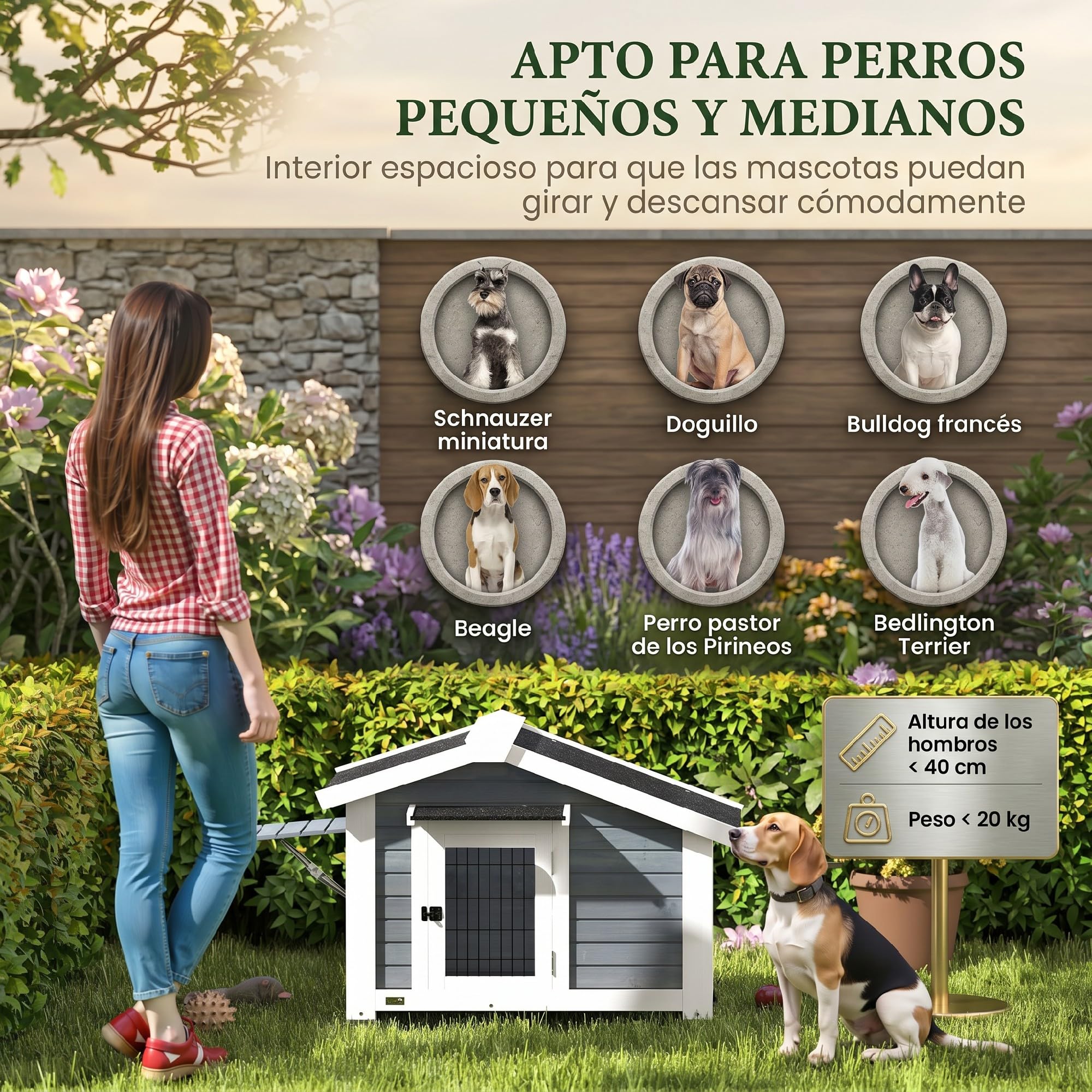 PawHut Caseta para Perros Exterior de Madera con Base Elevada y Suelo Extraíble, Casa para Perros Medianos con Techo Asfáltico, Ventana Abatible y Puerta Ventilada, 98x76x69,5 cm, Gris