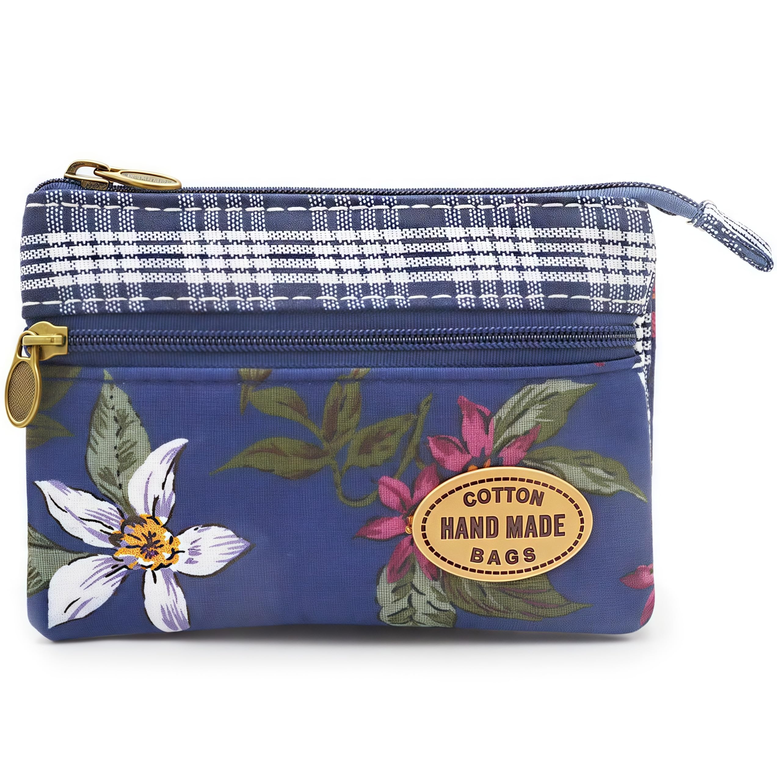 GUXL Women Small Zipper Coin Purse, Handmade Fabric Flower Embroidered Change Pouch, Cotton Double Zipper Wallet