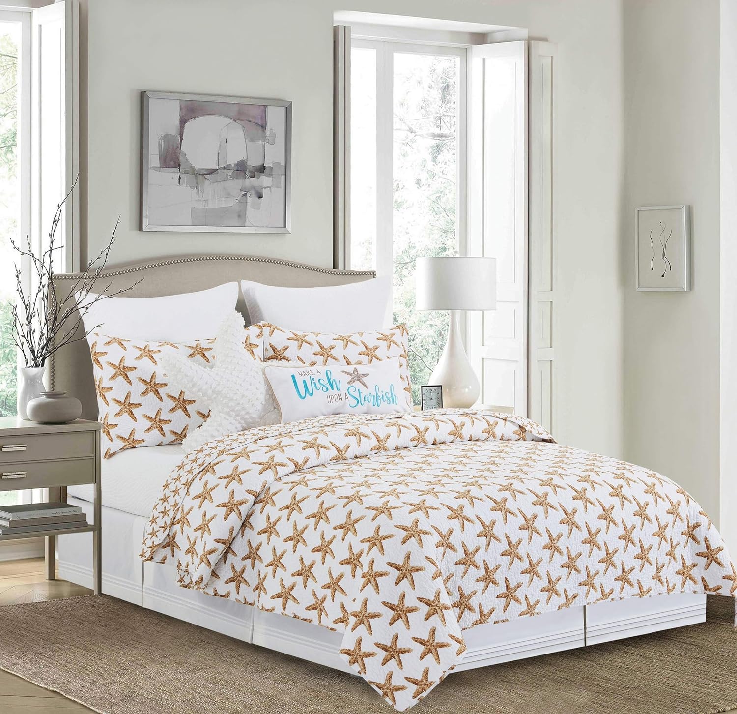 C&F Home Sandbridge Stars Starfish Twin 2 Piece Cotton Quilt Set Summer Beach Ocean Coastal Reversible Machine Washable Lightweight Bedspread Coverlet Twin 2 Piece Set White