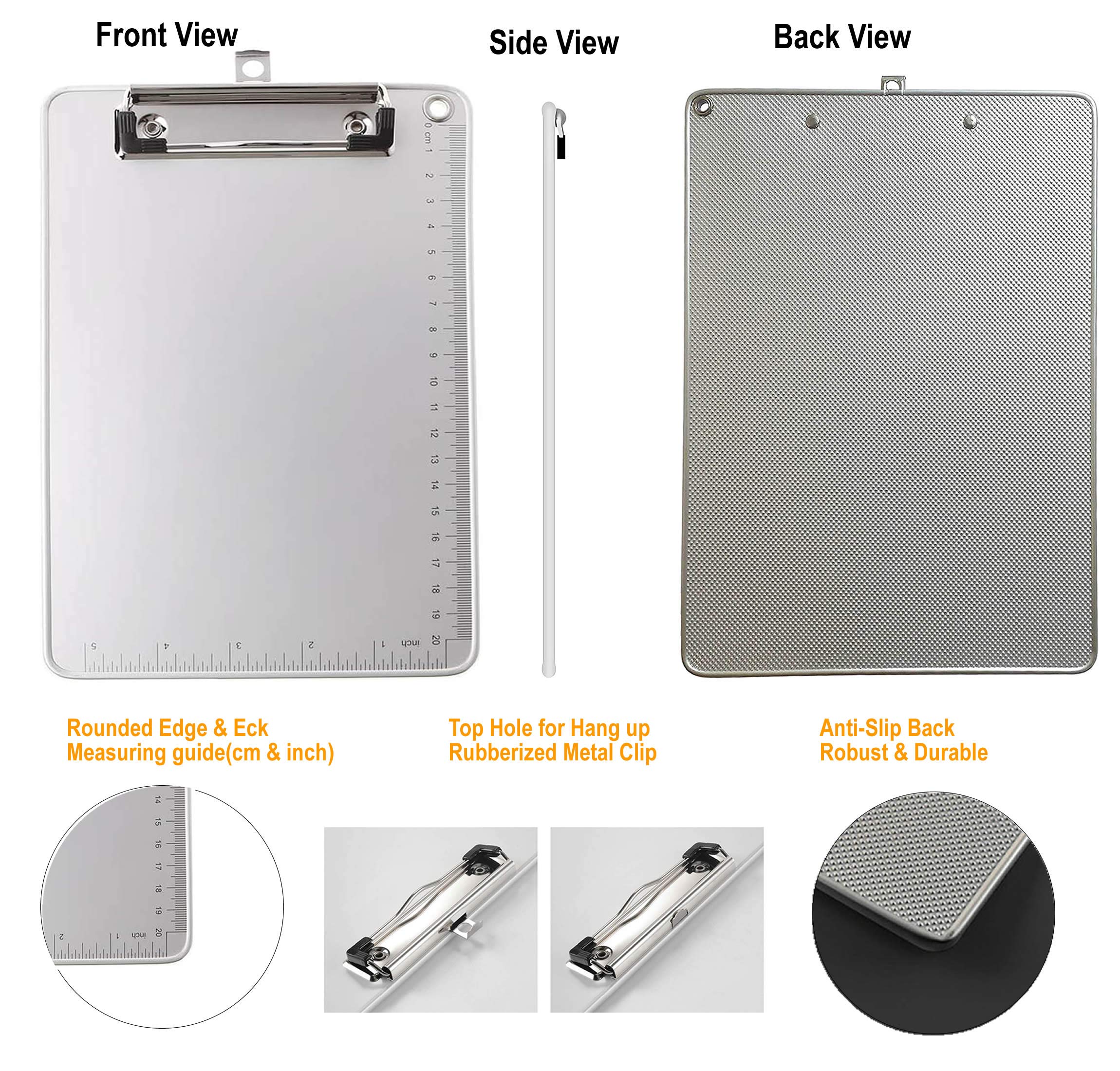 2x A5 Portapapeles de Aleación de Aluminio con Pinza, Abrazadera de Metal Recubierto de Goma, Metal Tablilla con Sujetapapeles - Estable Irrompible Extremadamente Robusto - TKD8053-A5-2x