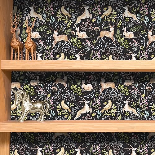 Miniatura 3 de VaryStyle Papel tapiz de 17.7 x 118 pulgadas con diseño de animales del bosque, selva, lindo ciervo, conejo, pájaro, musgo, floral, papel de