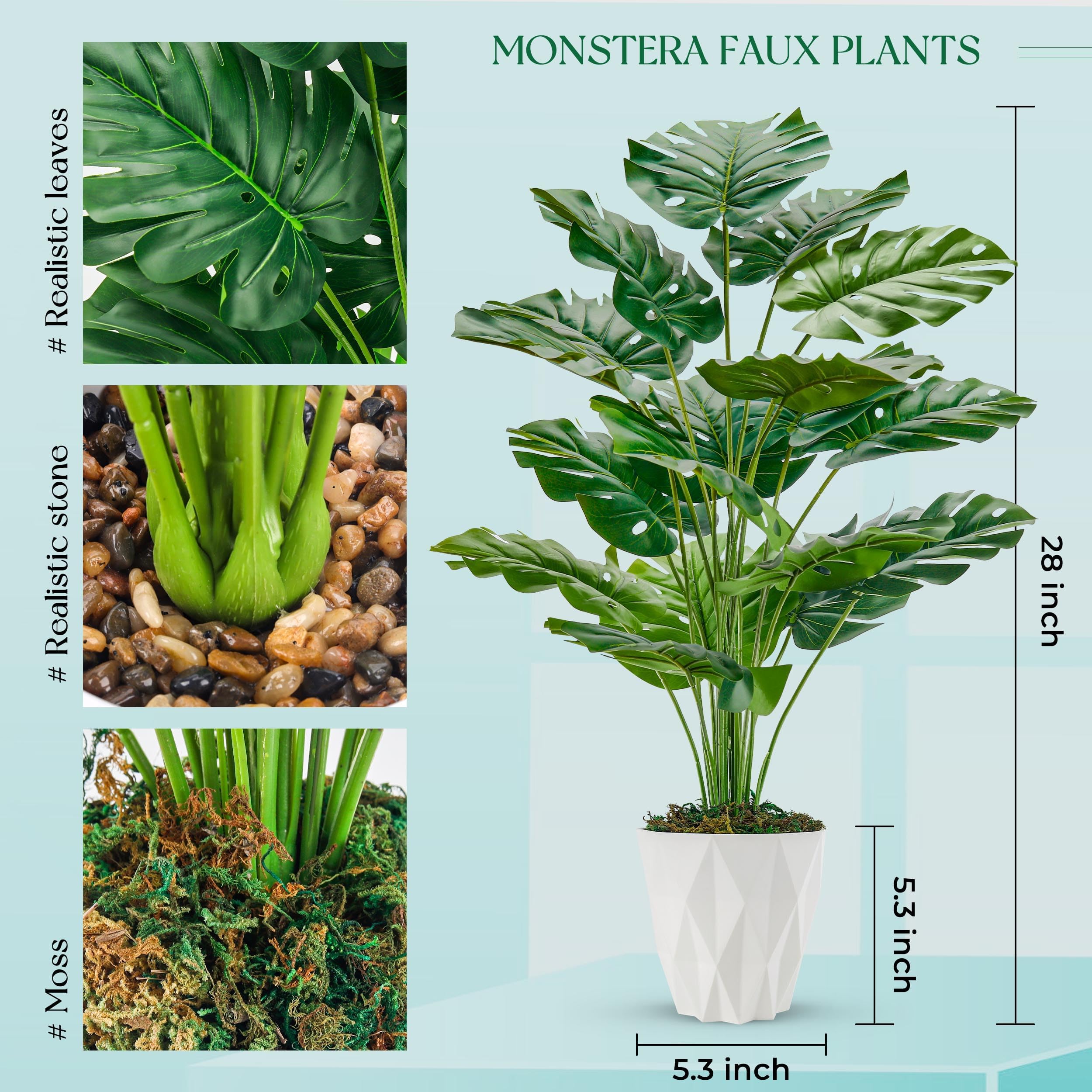 Der Rose 28" Tall Fake Plants Large Artificial Monstera Faux Potted Plants Indoor with White Pot for Home Office Living Room Decor - Image 4