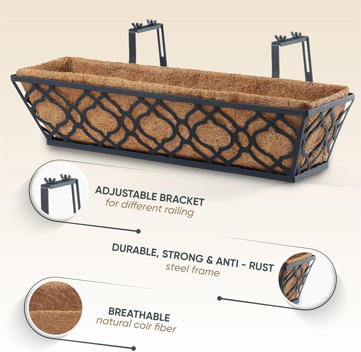 Window Deck Box Railing Planter Boxes with Coco Liner (Pack 4), 24'' Window Basket Deck Railing Planter Boxes, Weatherproof/Durable Metal Hanging Flower Planter for Outdoor Garden Fence Law