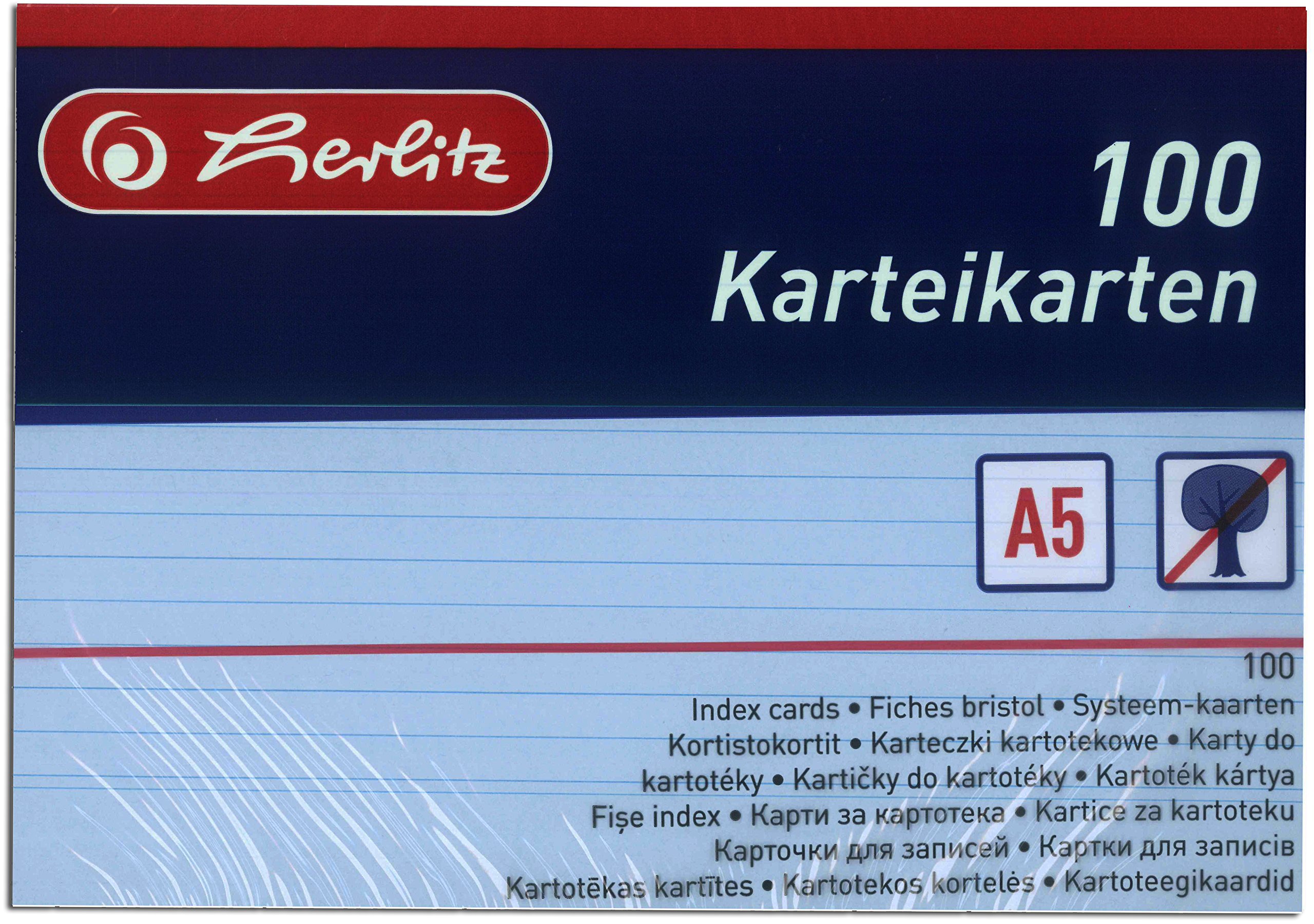 Herlitz Karteikarten A5, 170 g/m², holzfrei, 100er Packung, liniert (Gemischte Farben, 10 Packungen)