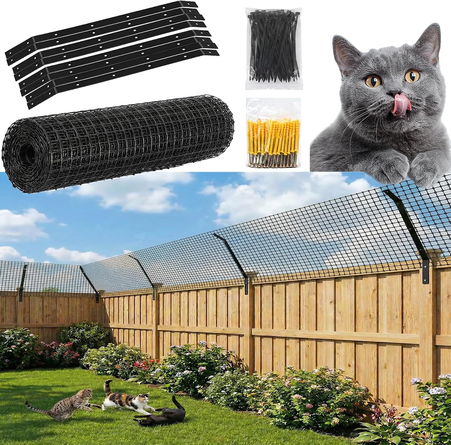 Cat Fence Outdoor Barrier 33FT & Anti Climb Cat Proof Fence Topper | Outdoor Containment Extension System with Netting & 8 Kits for Backyard Wood, Vinyl, Metal & Brick Fences