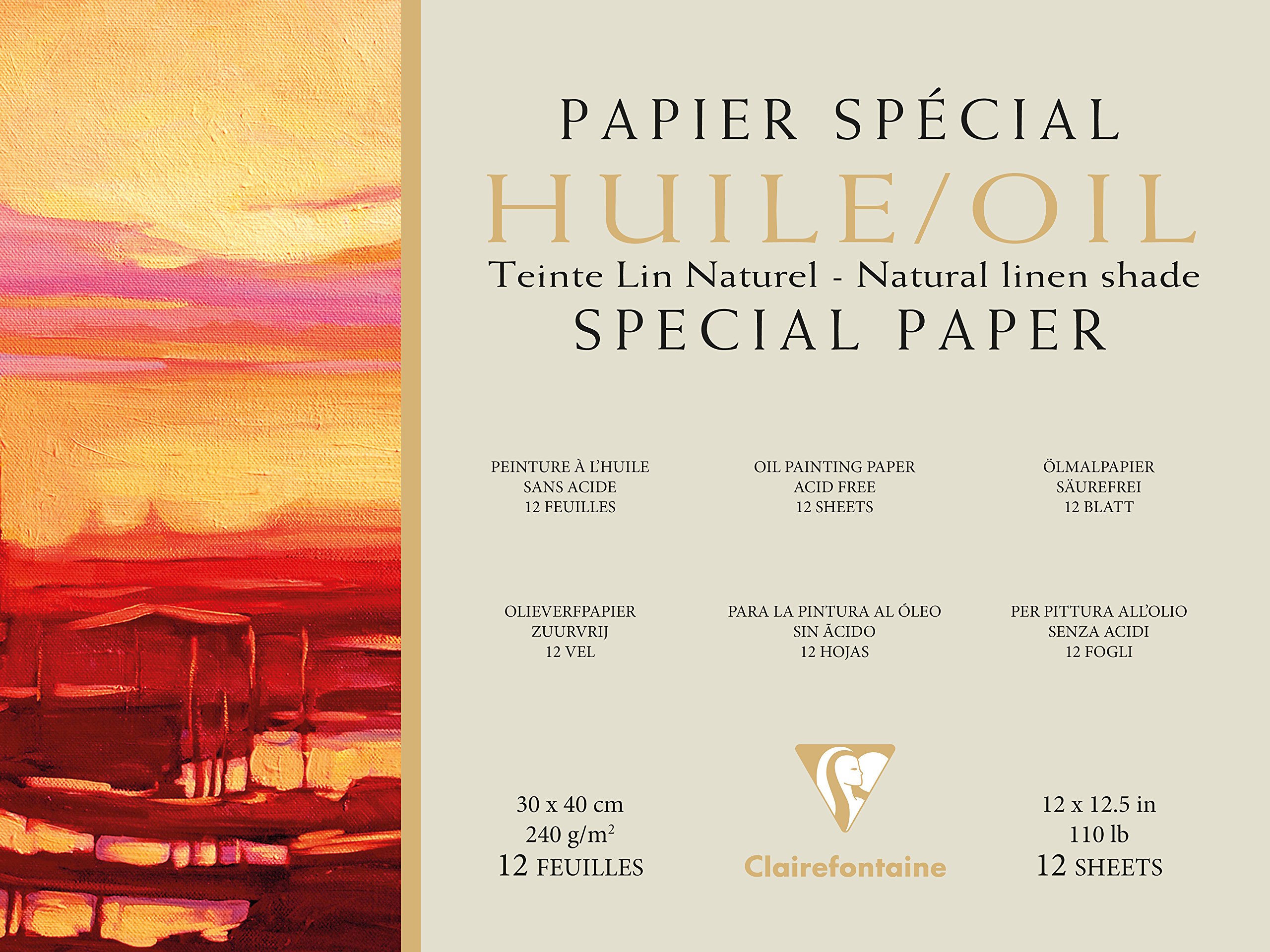 Clairefontaine - Ref 975824C - Oil Painting Glued Pad (12 Sheets) - 30 x 40cm Sized, 240gsm Natural Linen Shade Paper, Acid Free, pH Neutral - Suitable for Oil Painting, off white