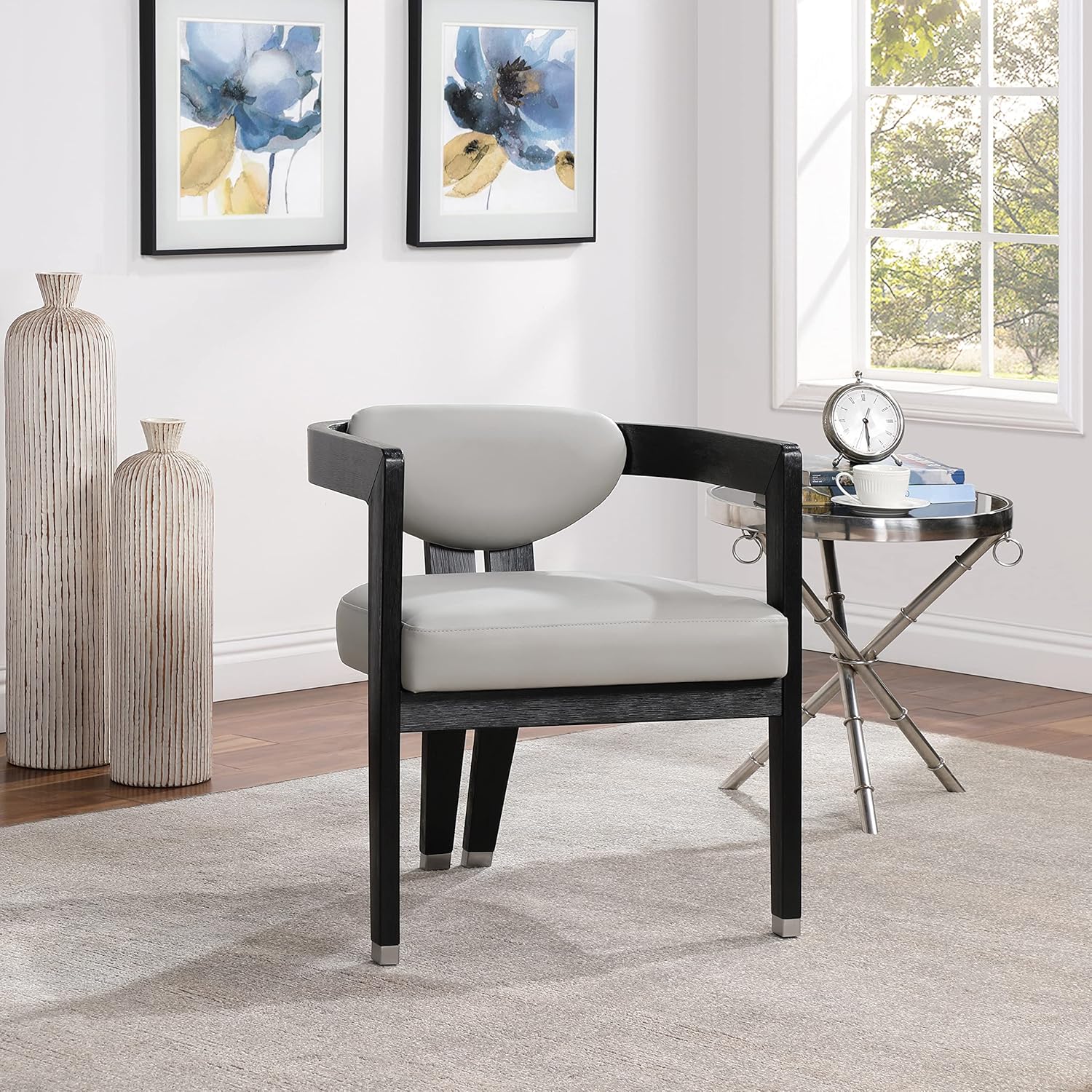 Meridian Furniture 563Grey-C Carlyle Collection Modern | Contemporary Dining Chair, Solid Wood Brushed Black Finish, Soft Grey Vegan Leather, Brushed Chrome Accents, 24" W x 23.5" D x 29" H, Grey