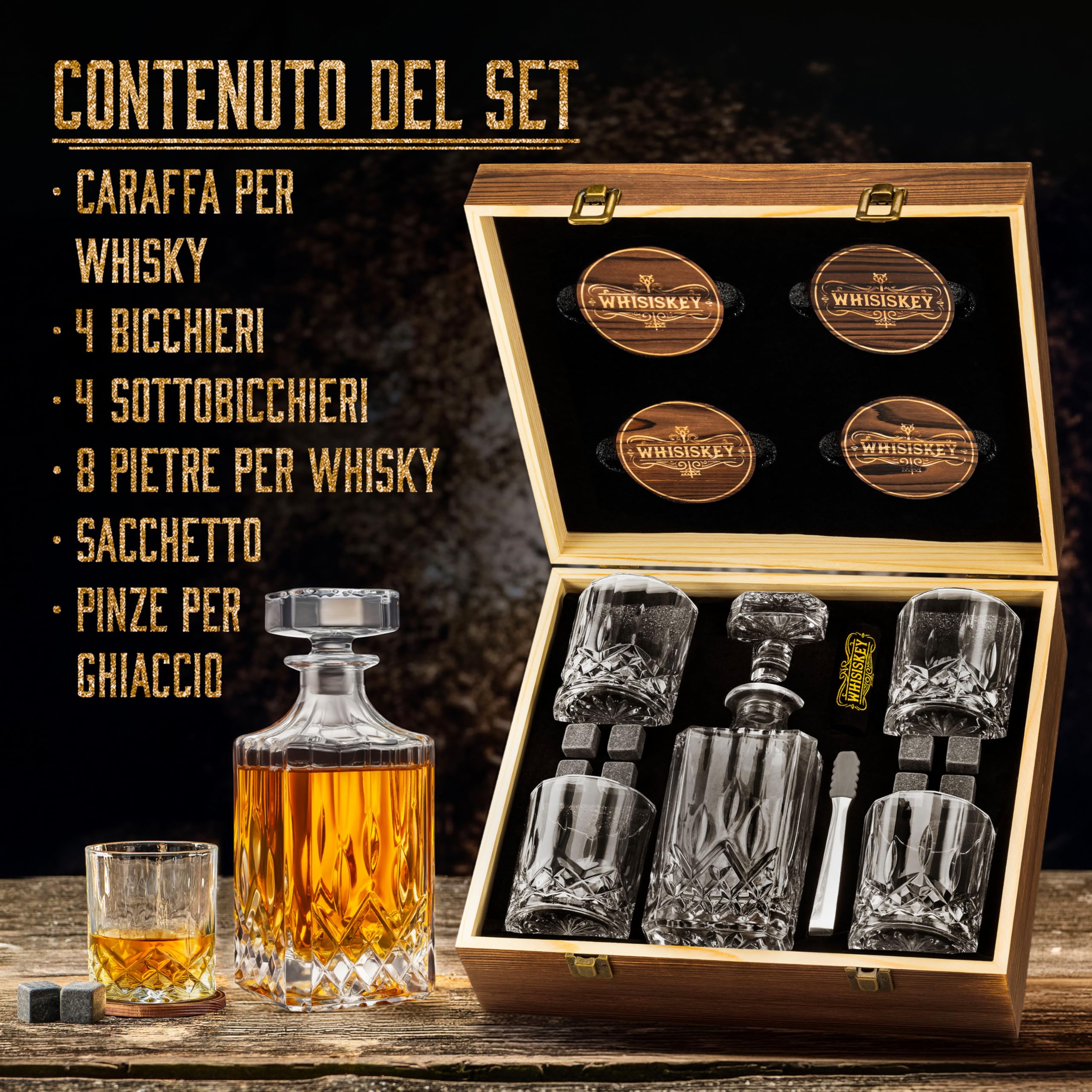 WHISISKEY Set di caraffa per whisky – Set regalo per uomini – regalo per uomini – regalo di compleanno uomo – decanter classico 700 ml, 4 bicchieri da whisky, 4 pietre da whisky