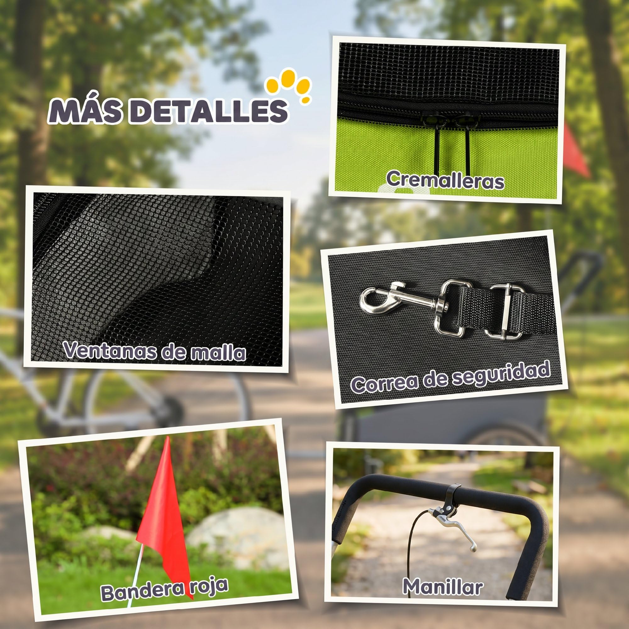 PawHut Remolque de Bicicleta Perros 2 en 1, Carrito para Perros Medianos y Gatos Plegable con Suspensión, Neumáticos Grandes, Ventanas de Malla, Freno de Mano, Reflectores, Bandera, Verde