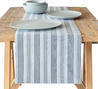 Over&Back 18x108 Woven Striped Table Runner - Washable Table Runners for a Custom Home Decor Tablescape - Coffee Table, Dinner Table, Living Room - Blue