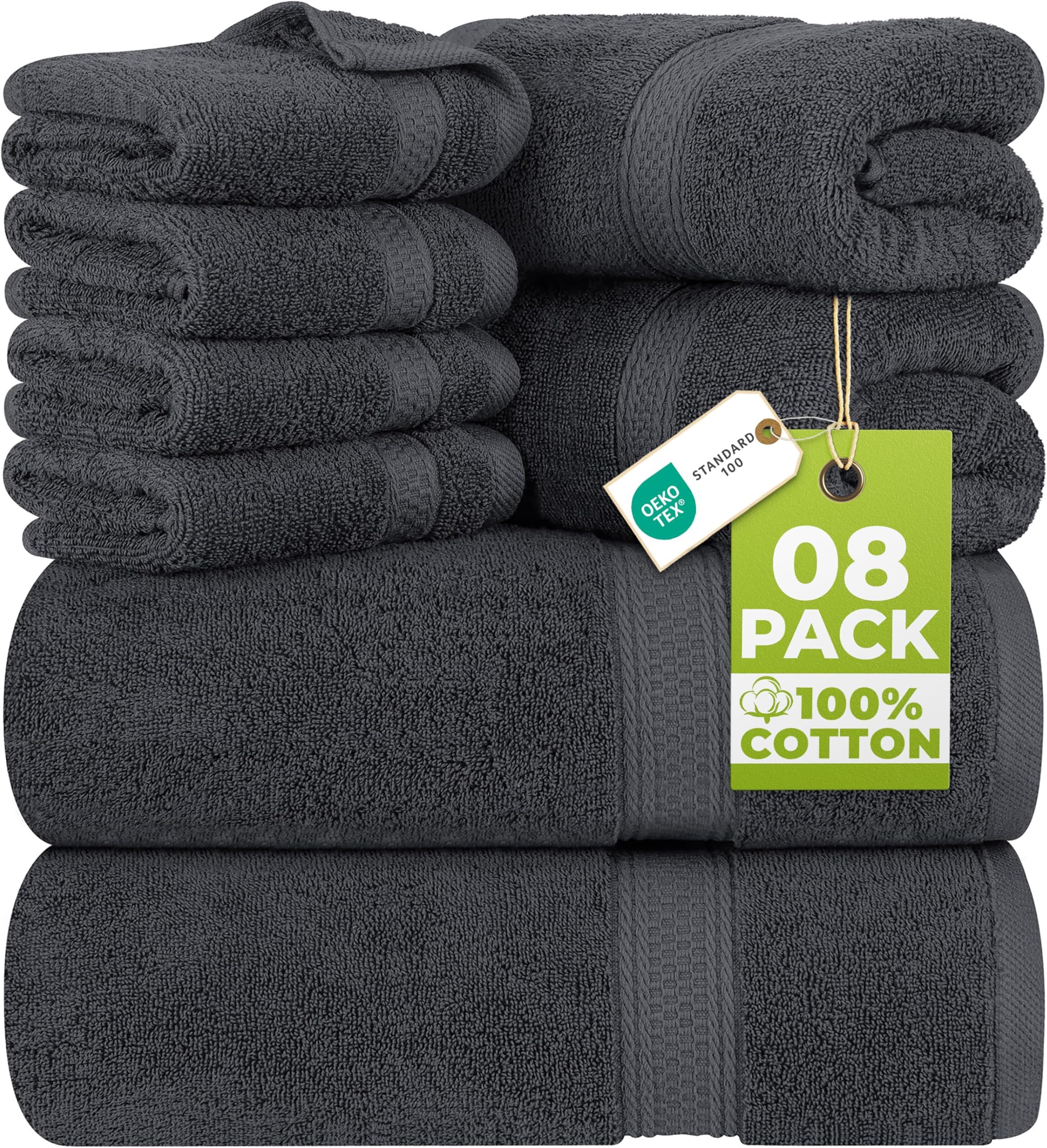 Utopia Towels 8 Piece Luxury Towel Set – Majestic Plush, Super Absorbent & Quicker-to-Dry, Thick 100% Ring Spun Cotton Towels for Bathroom, Spa & Hotel – 2 Bath, 2 Hand, 4 Washcloths, Grey