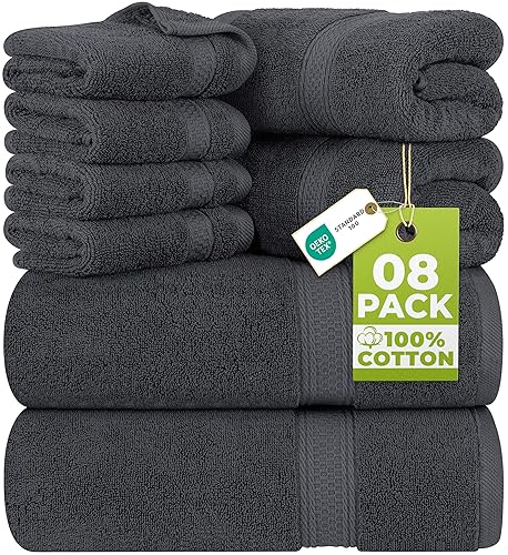 Utopia Towels 8 Piece Luxury Towel Set – Majestic Plush, Super Absorbent & Quicker-to-Dry, Thick 100% Ring Spun Cotton Towels for Bathroom, Spa & Hotel – 2 Bath, 2 Hand, 4 Washcloths, Grey - 8 Pieces Towel Set - Grey